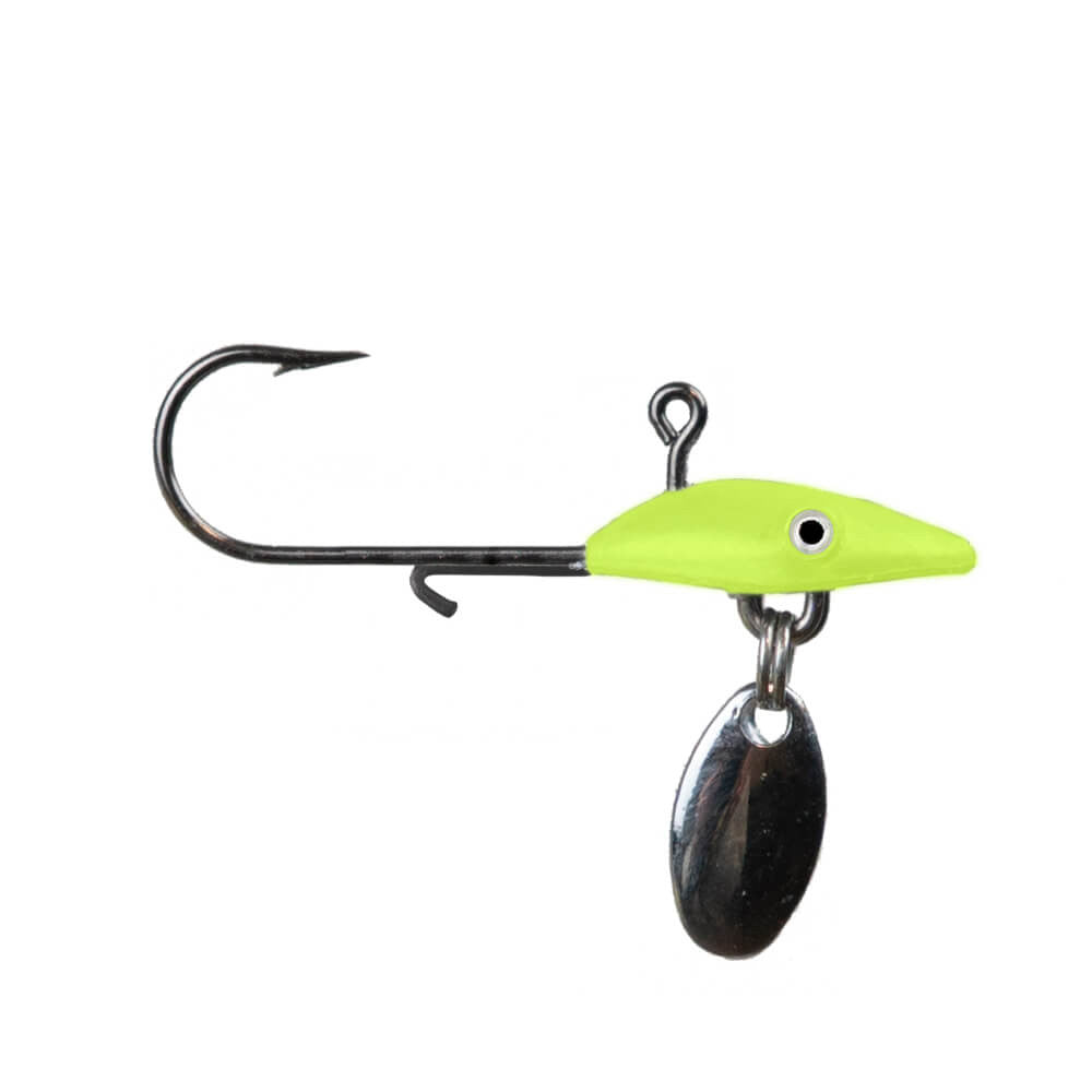 Close-up image of a bright yellow and black Northland Tungsten Bling Jig fishing lure featuring a sharp hook and attached silver spinner blade designed for fishing tackle use.