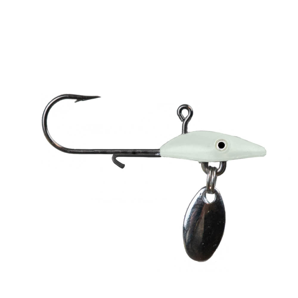 Northland Tungsten Bling Jig featuring a sharp metal hook, white jig head with a black eye, and a shiny silver spinner blade for effective fishing tackle use.