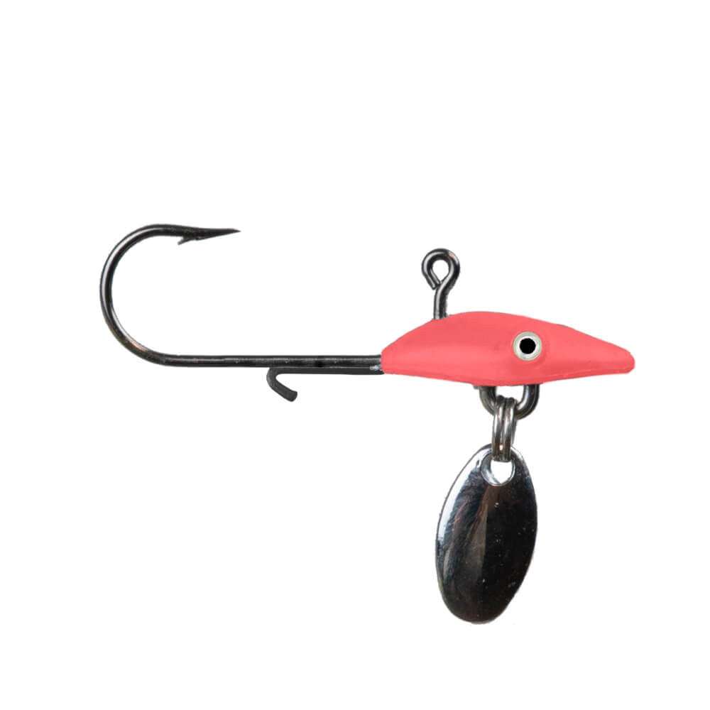 Northland Tungsten Bling Jig fishing lure with a sharp hook, red head featuring an eye design, and a shiny metal spinner blade for attracting fish in freshwater fishing tackle.