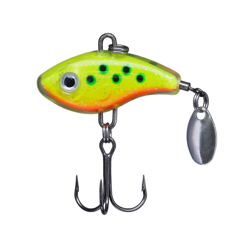Northland Forage Fleck fishing lure in bright yellow and orange with black spots, featuring a treble hook and a small silver spinner blade for attracting fish.
