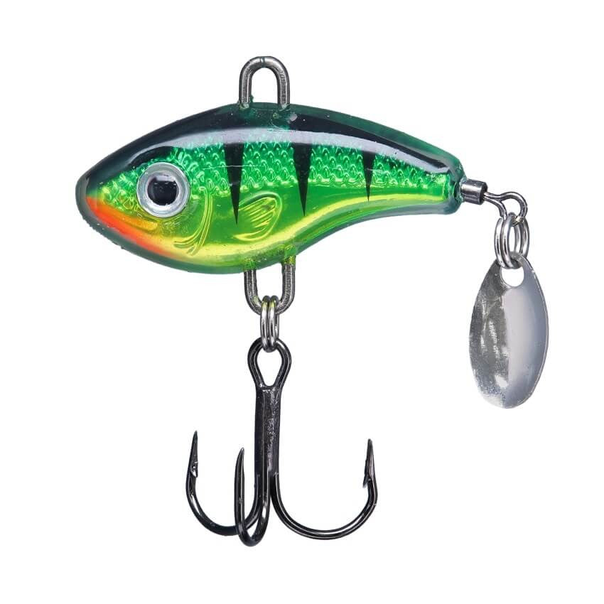 Northland Forage Fleck fishing lure with vibrant green and yellow body, black markings, realistic eye, treble hook, and attached silver spinner blade for effective fishing tackle use.