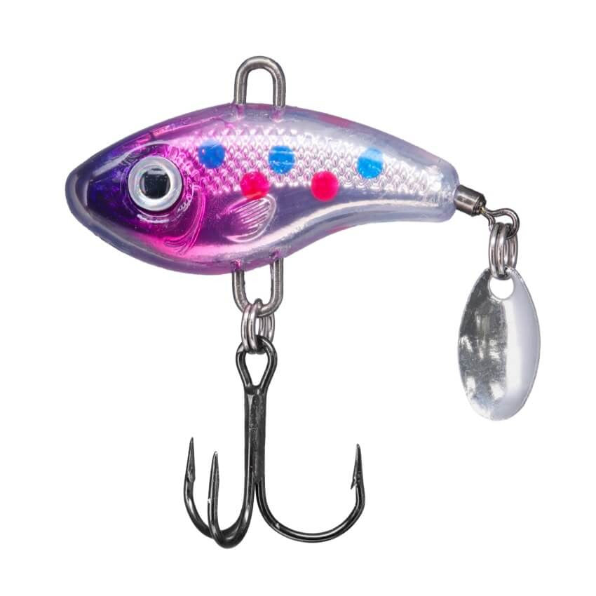Northland Forage Fleck fishing lure in translucent purple and silver with blue and red spots, featuring a realistic eye, treble hook, and small spinning blade for added attraction.