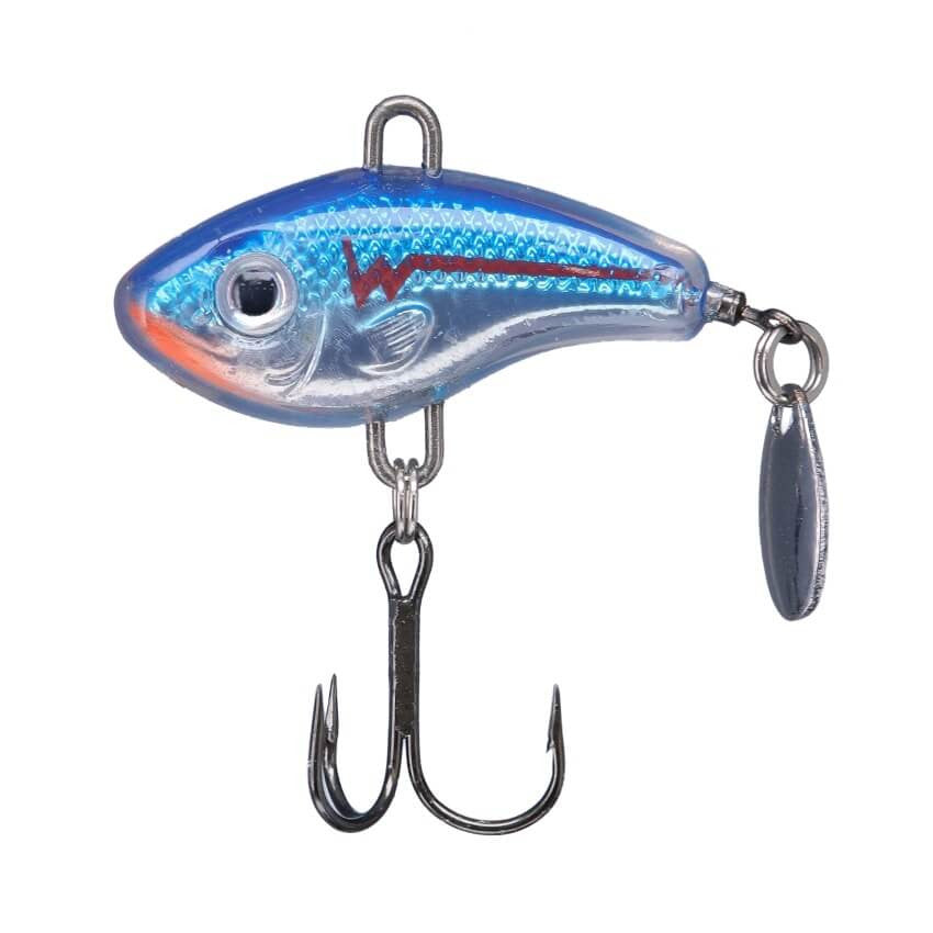 Northland Forage Fleck fishing lure in blue and silver with orange highlight, featuring a realistic fish design, two treble hooks, and a small spinner blade for added attraction.