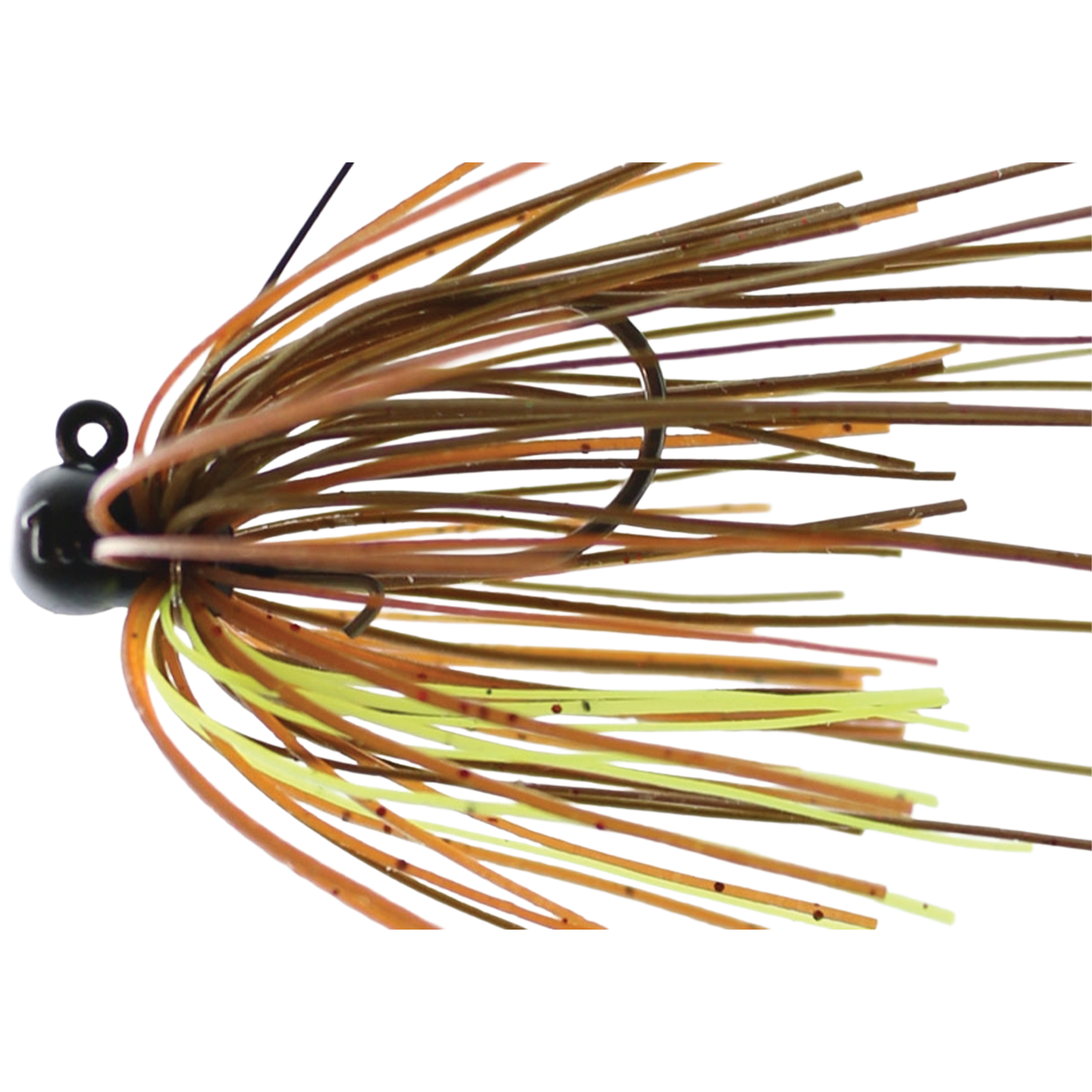 Close-up image of the Issei Bibibi Shot fishing lure featuring flexible brown and yellow strands attached to a dark weighted hook, designed for effective fishing tackle use.