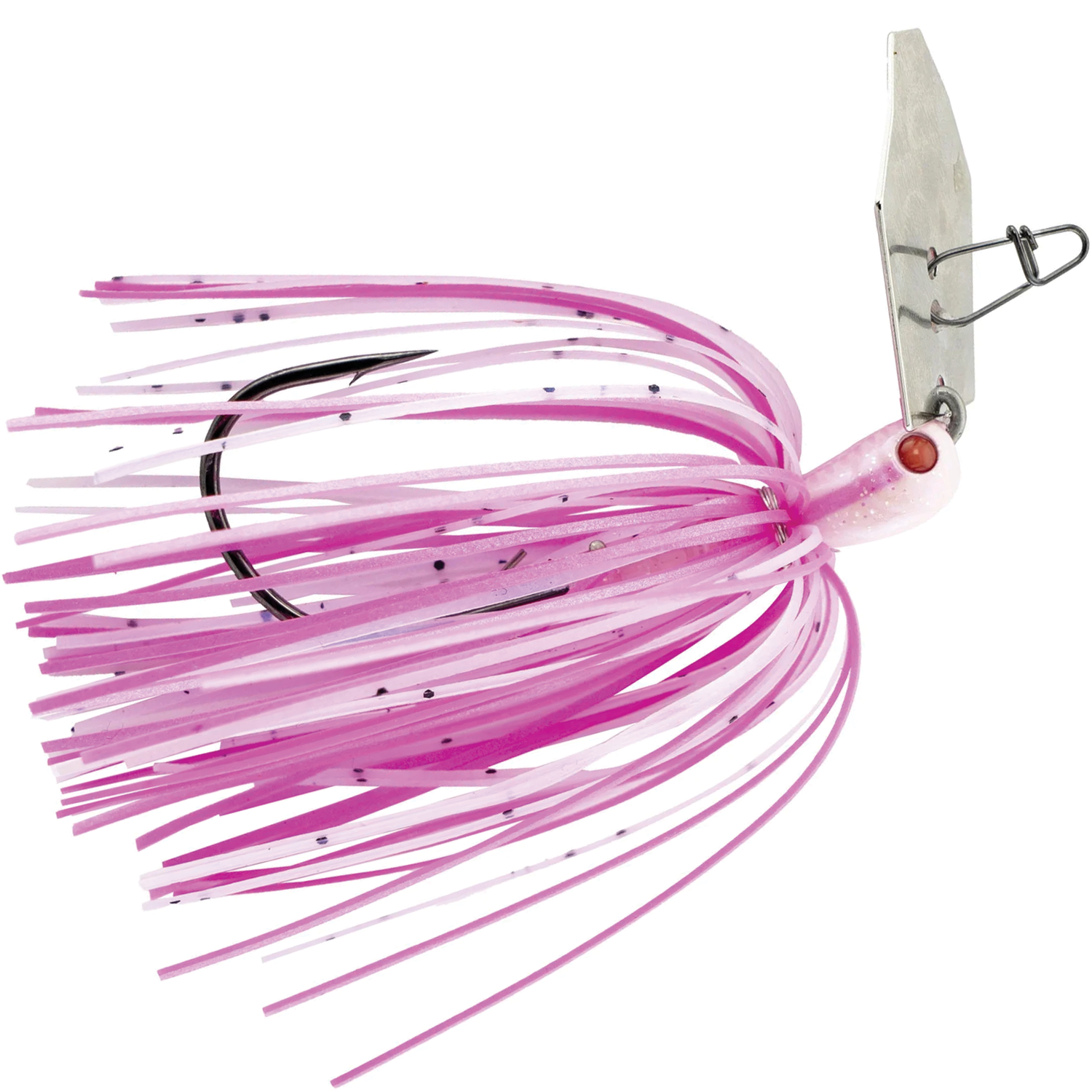 Z-Man Jackhammer Chatterbait fishing lure with pink and purple silicone skirt, single hook, and metal blade designed for musky and freshwater fishing tackle.
