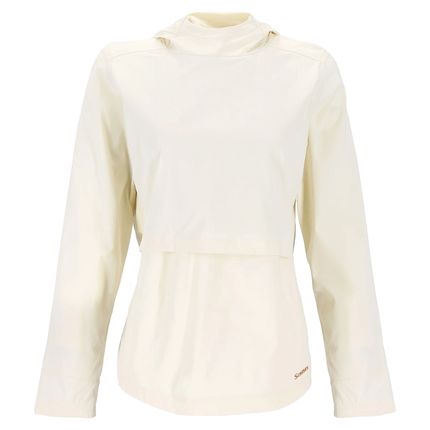 Simms Latitude Hoody - Women's in light beige, featuring long sleeves, a hood, and a breathable fabric design suitable for outdoor fishing activities.