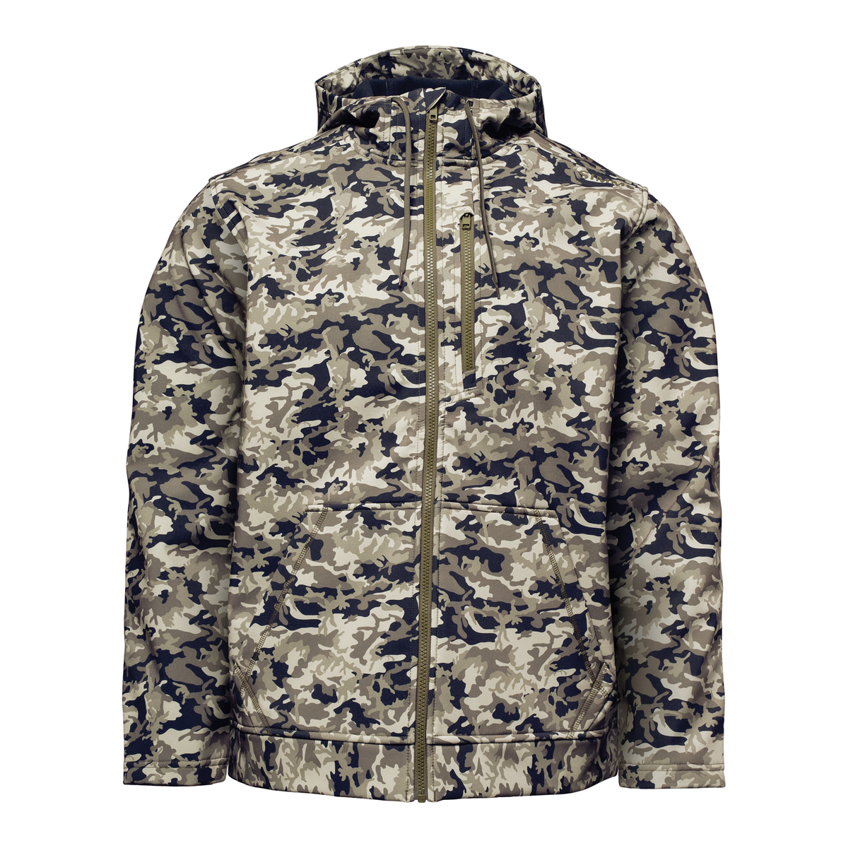 Simms Rogue Fleece Hoody - Men's in camouflage with full zip front, hood, long sleeves, and zippered pockets, shown against a white background.