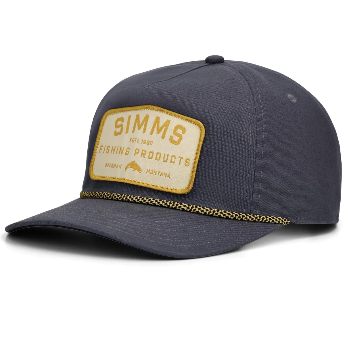 Simms Double Haul Rope Cap in dark gray with curved brim and tan SIMMS fishing products patch on front