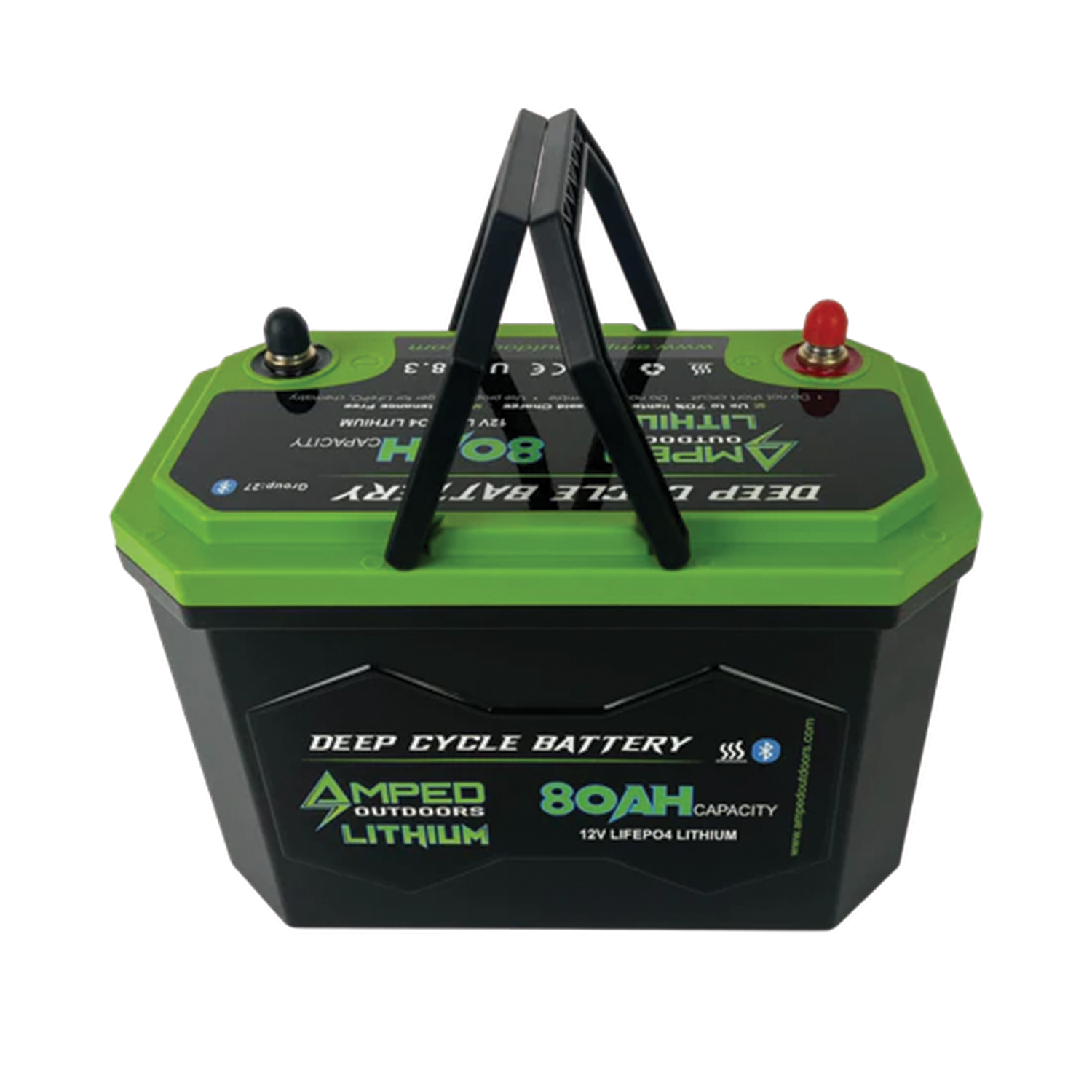 Amped Outdoors (LiFePO4) 80Ah 12v Lithium Battery - Battery Only with black and green casing, dual handles, and clear positive and negative terminals, designed for deep cycle and long-lasting power.