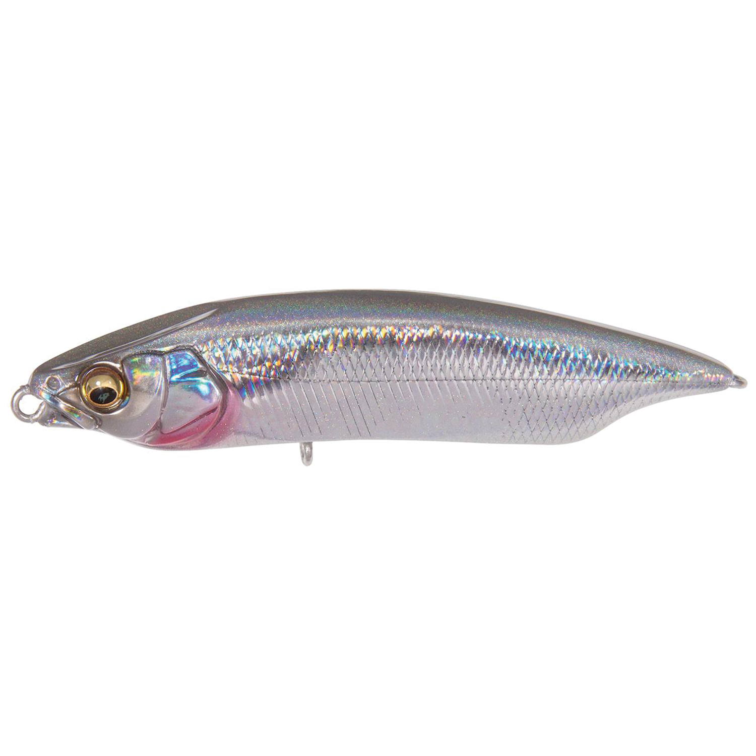 Megabass Karashi 80 fishing lure with a sleek, reflective silver body, lifelike scale texture, and detailed eyes designed for attracting predatory fish in freshwater environments.