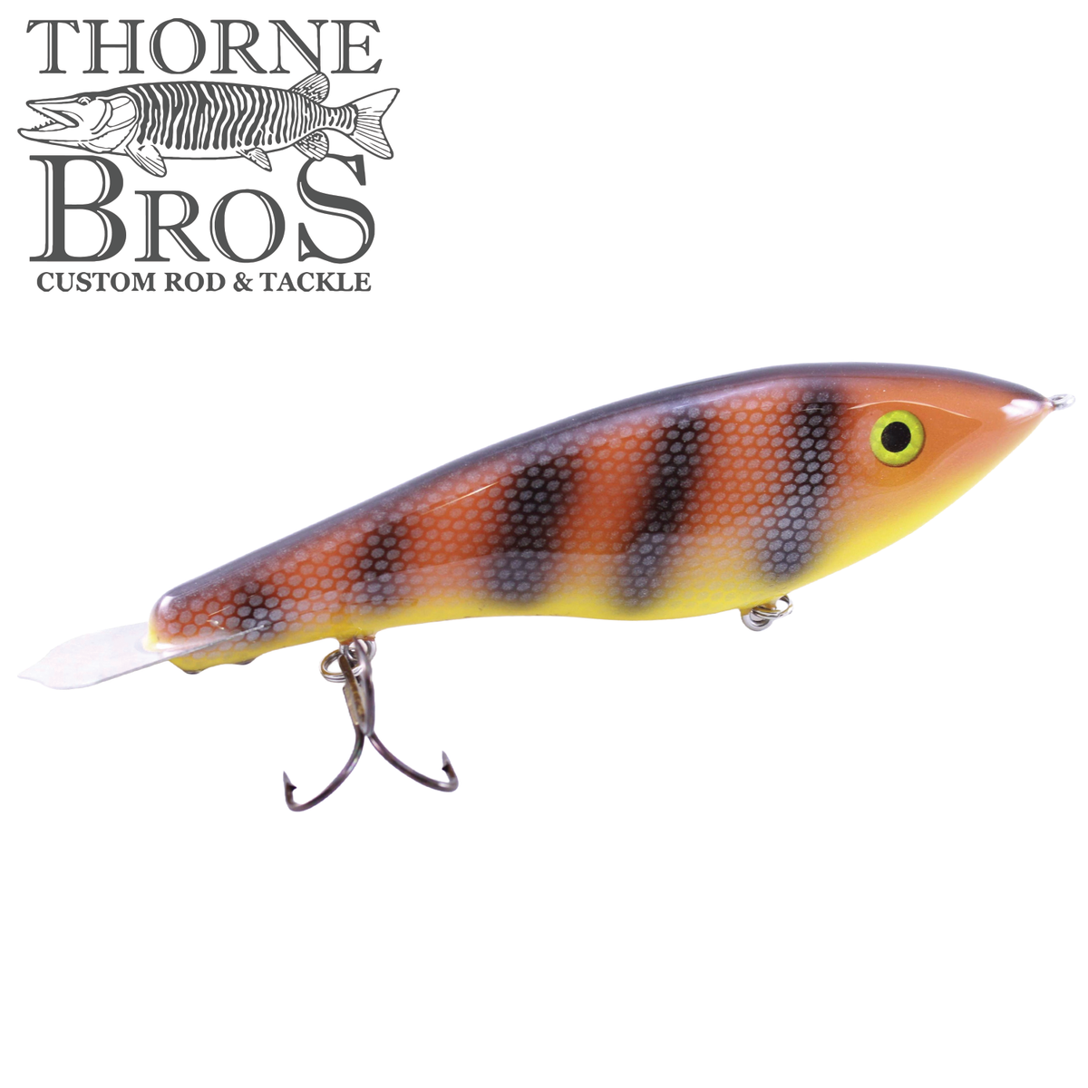 Bitten Warlock - MAG. musky fishing lure with orange and yellow finish black stripes honeycomb scale pattern and treble hooks by Thorne Bros.