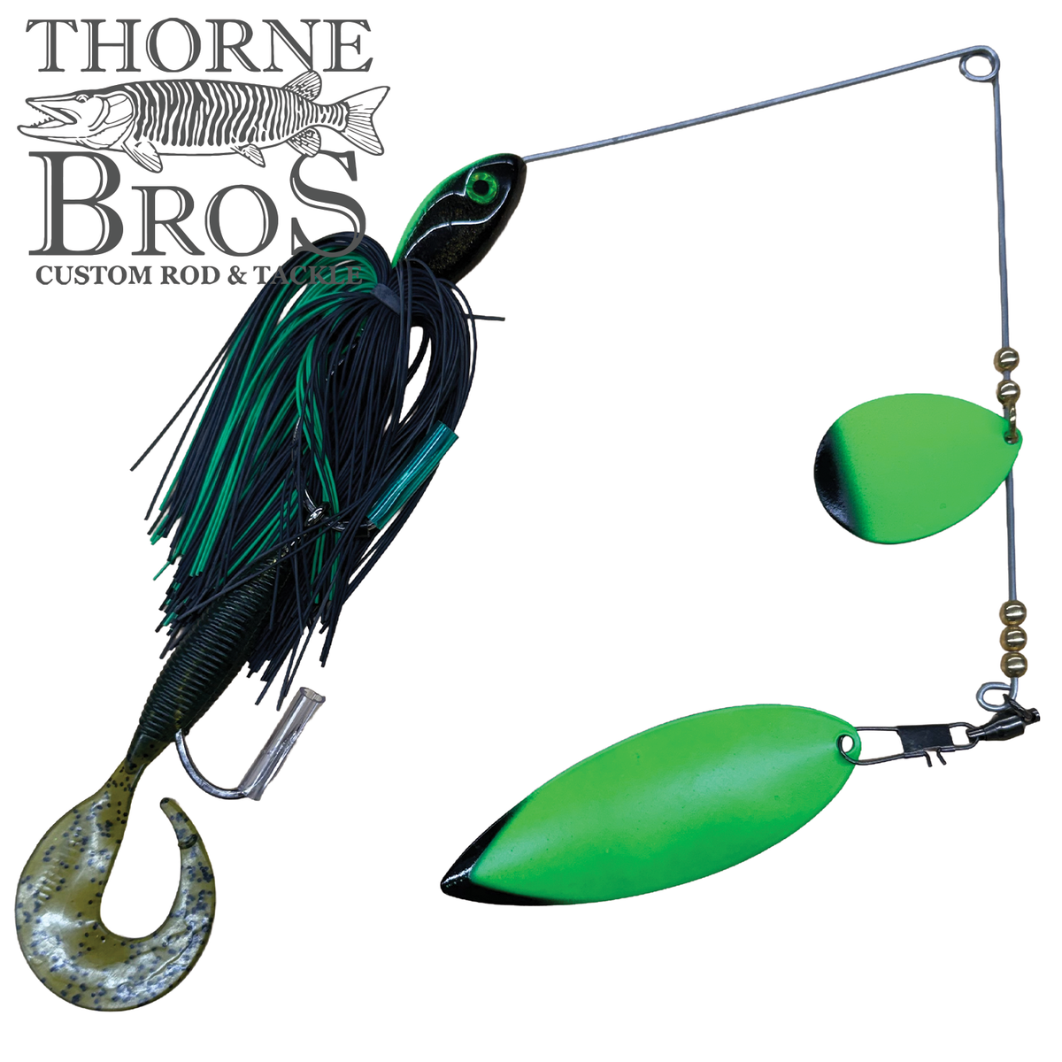 Ace Baits Monster Spinnerbait green and black musky fishing lure with twin green spinner blades and a curly tail trailer