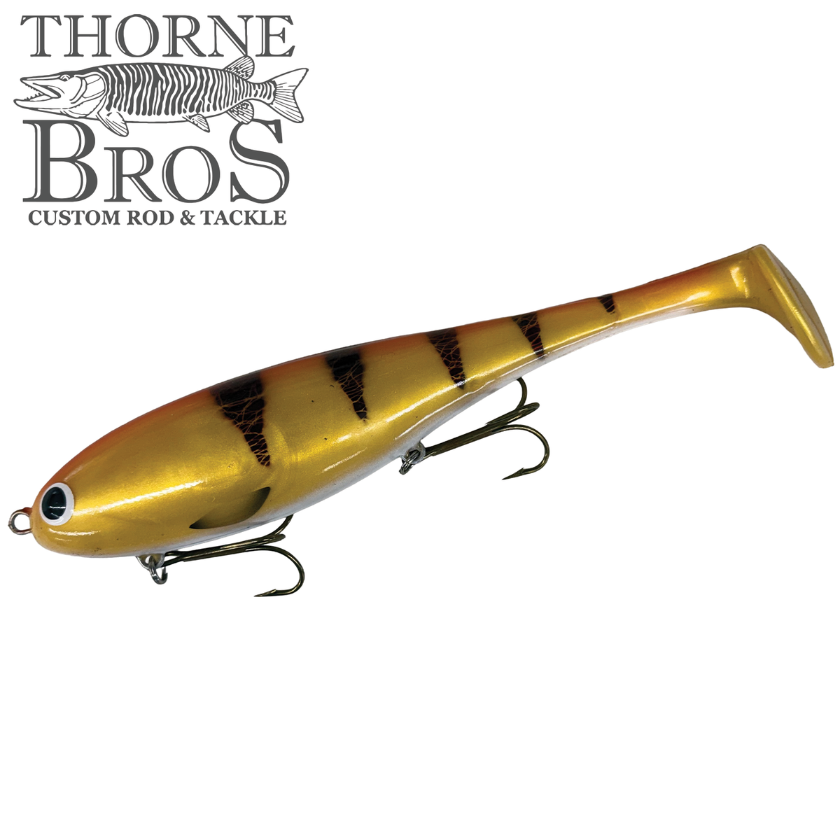 Musky Innovations Magnum Swimmin' Dawg - SHALLOW gold musky fishing lure with black stripes paddle tail and treble hooks for shallow water fishing
