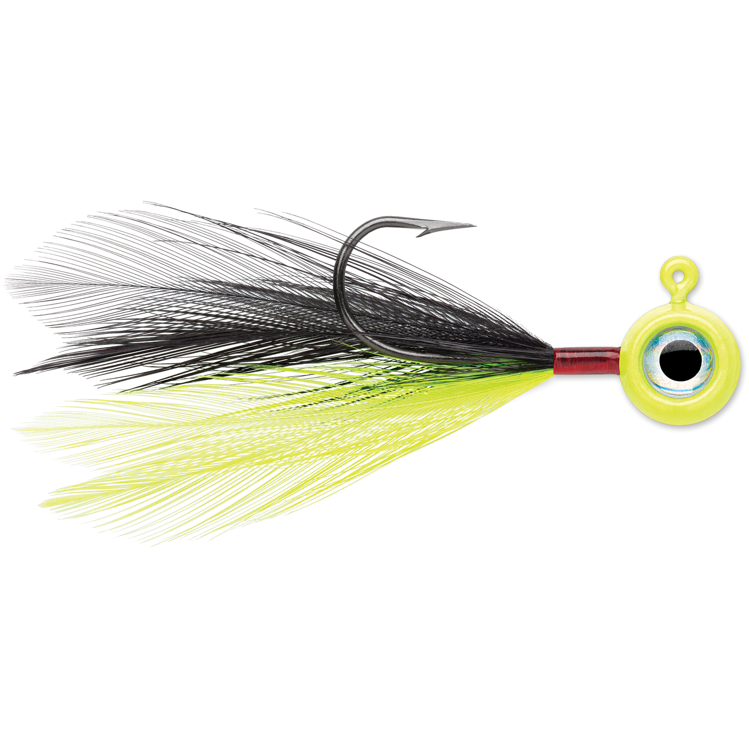 VMC Moon Fly Jig fishing lure featuring a bright yellow weighted head with a realistic eye, black and yellow feather skirt, and a single sharp hook designed for effective fishing tackle use.