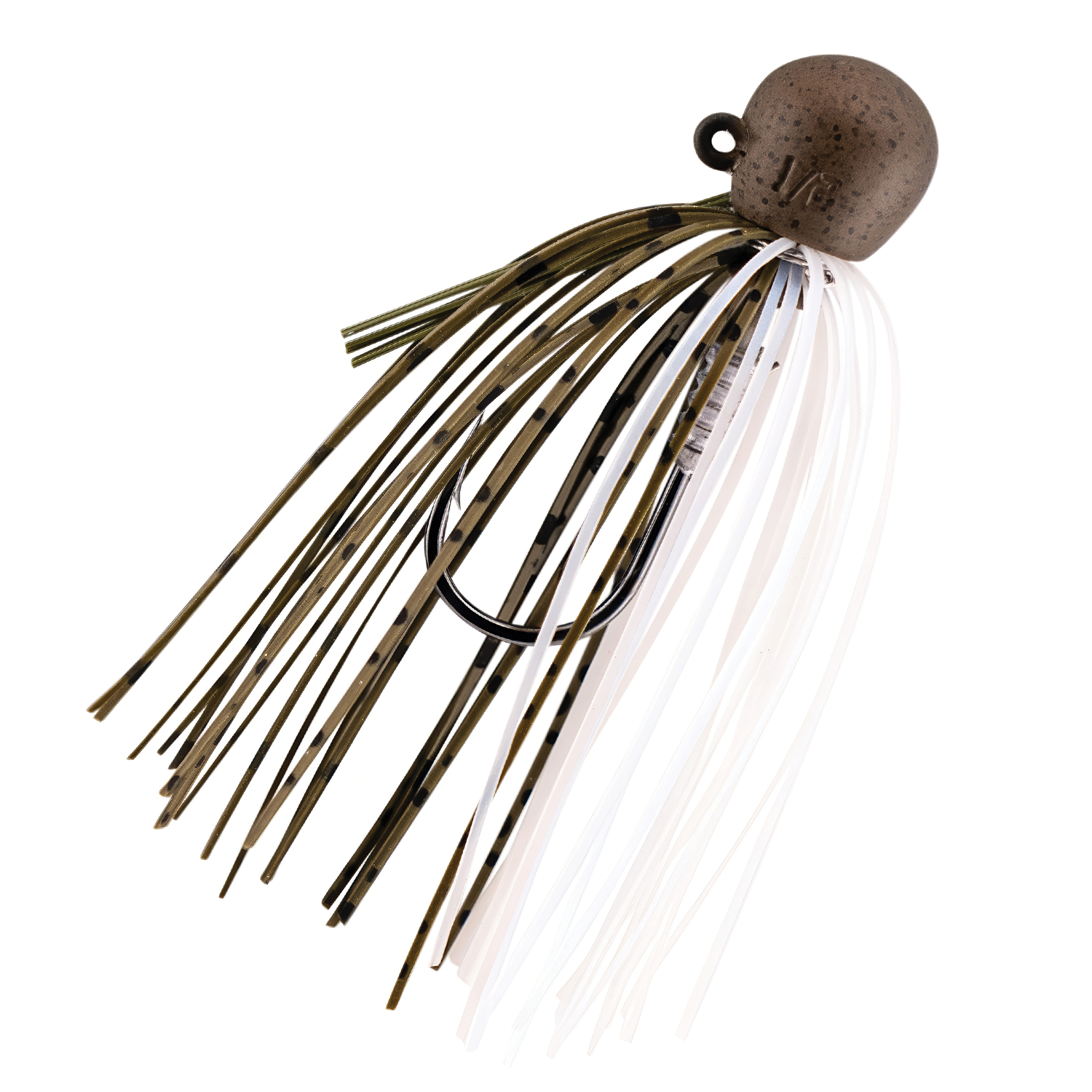 Z-Man TRD Finesse Jig with a weighted brown head and a skirt composed of olive green and white strands designed for fishing tackle and lure use.