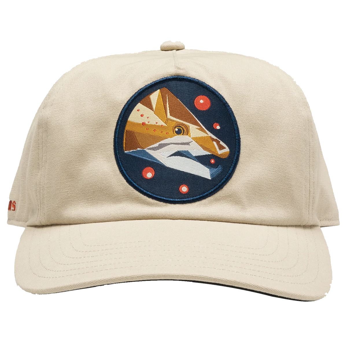 Simms Double Haul Cap in tan with a curved brim and embroidered mountain and fish patch on the front