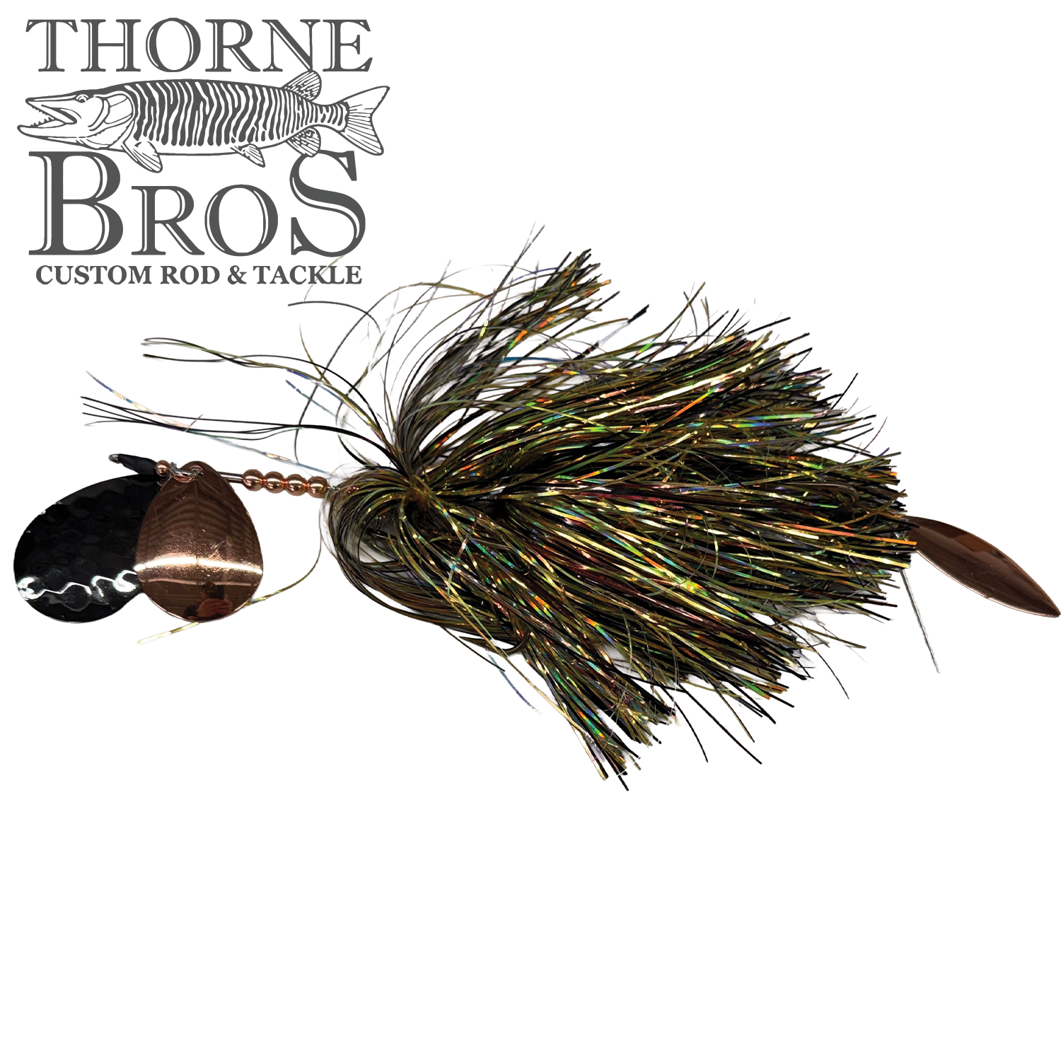 Hunsy Tails 7/8 XL Banger fishing lure with iridescent skirt and dual spinner blades designed for attracting musky and other large fish species.