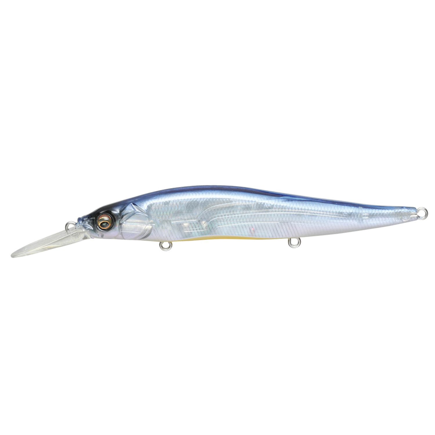 Megabass Vision 110+1 lure in translucent blue and silver with realistic fish detailing, clear diving lip, and multiple attachment points for versatile fishing tackle use.