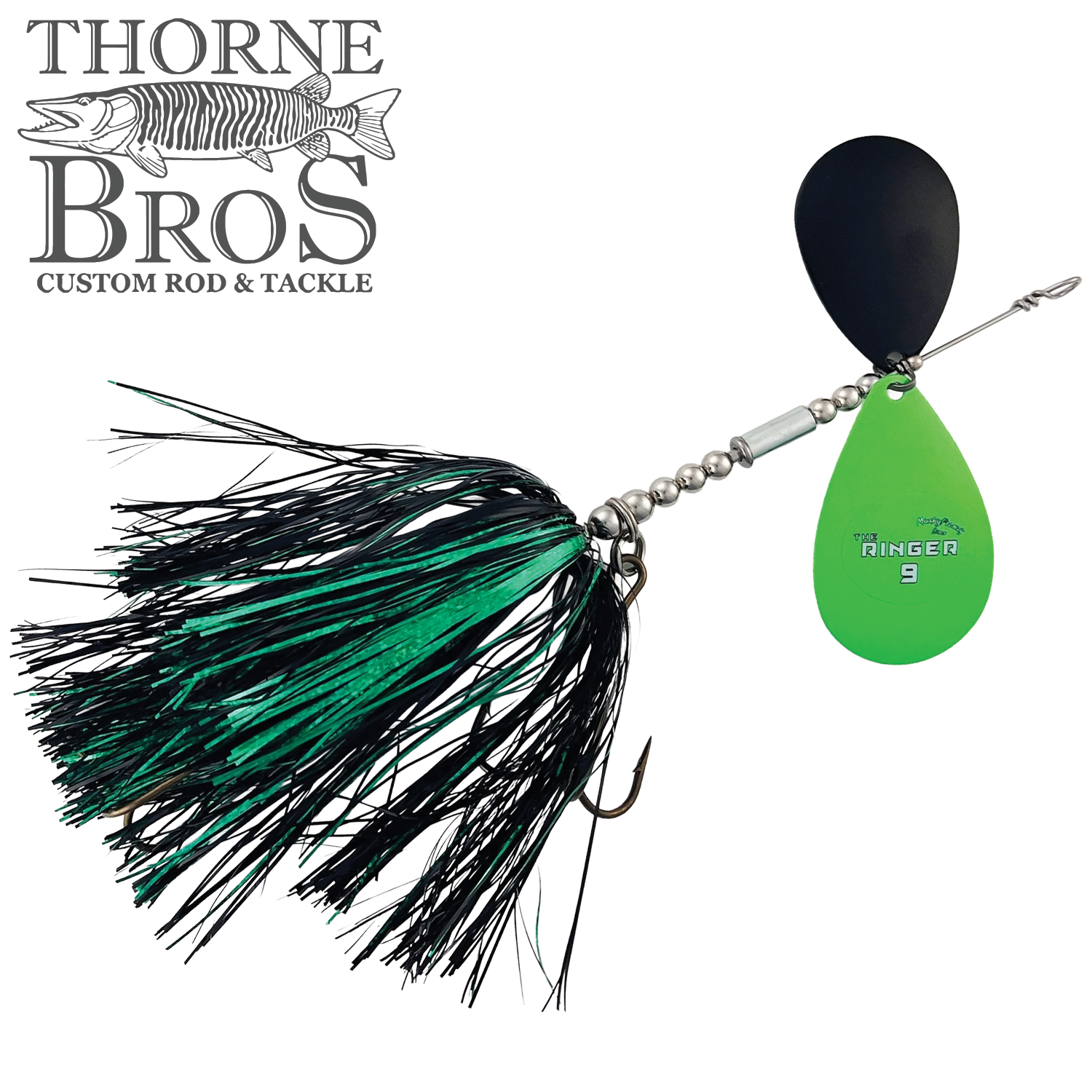Musky Frenzy The Ringer 9 fishing lure with black and green skirt, metallic beads, and dual blades, designed for musky fishing and custom tackle enthusiasts.