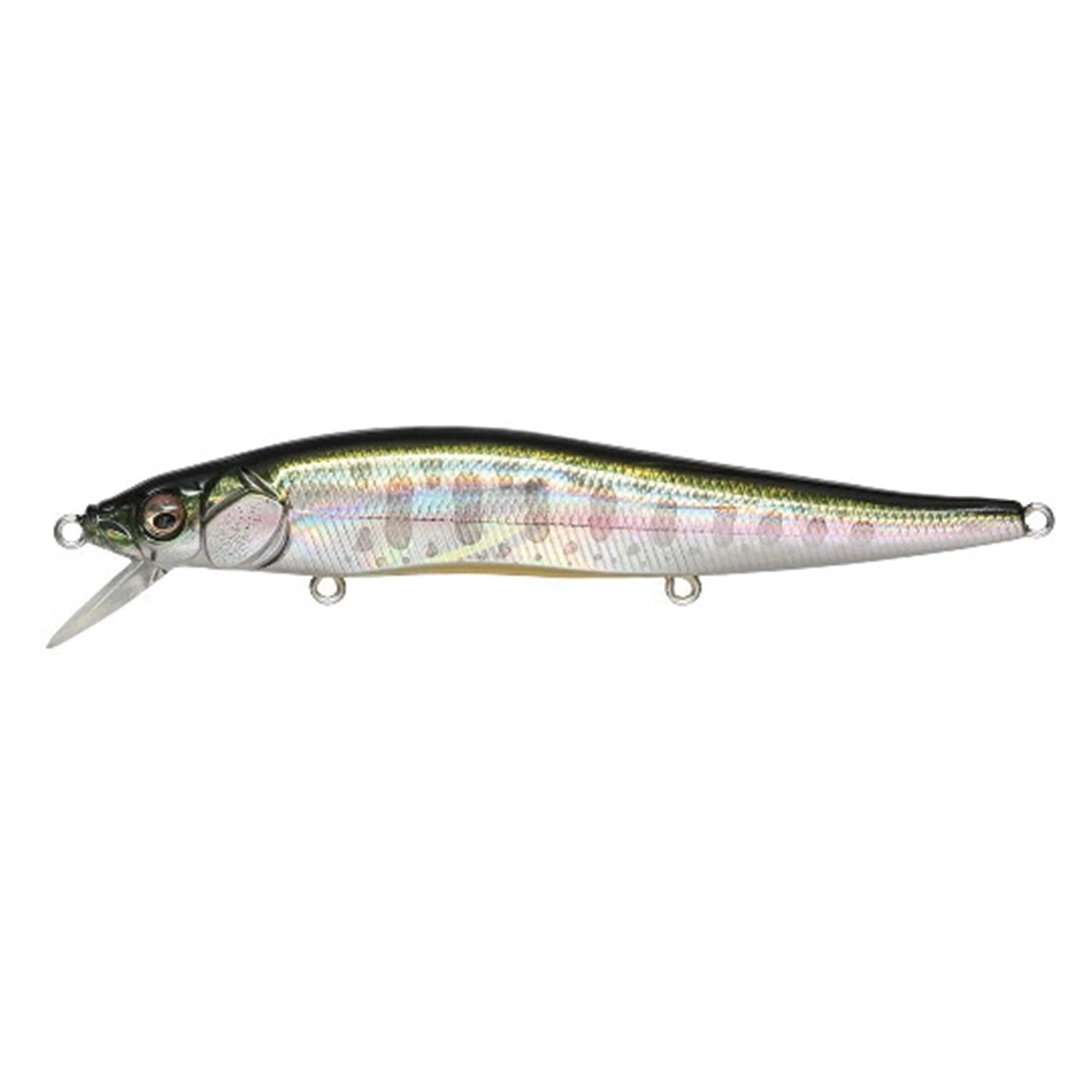 Megabass Vision 110 fishing lure with a sleek, elongated body featuring a realistic fish scale pattern in shades of silver, green, and pink, designed for attracting musky and other game fish.