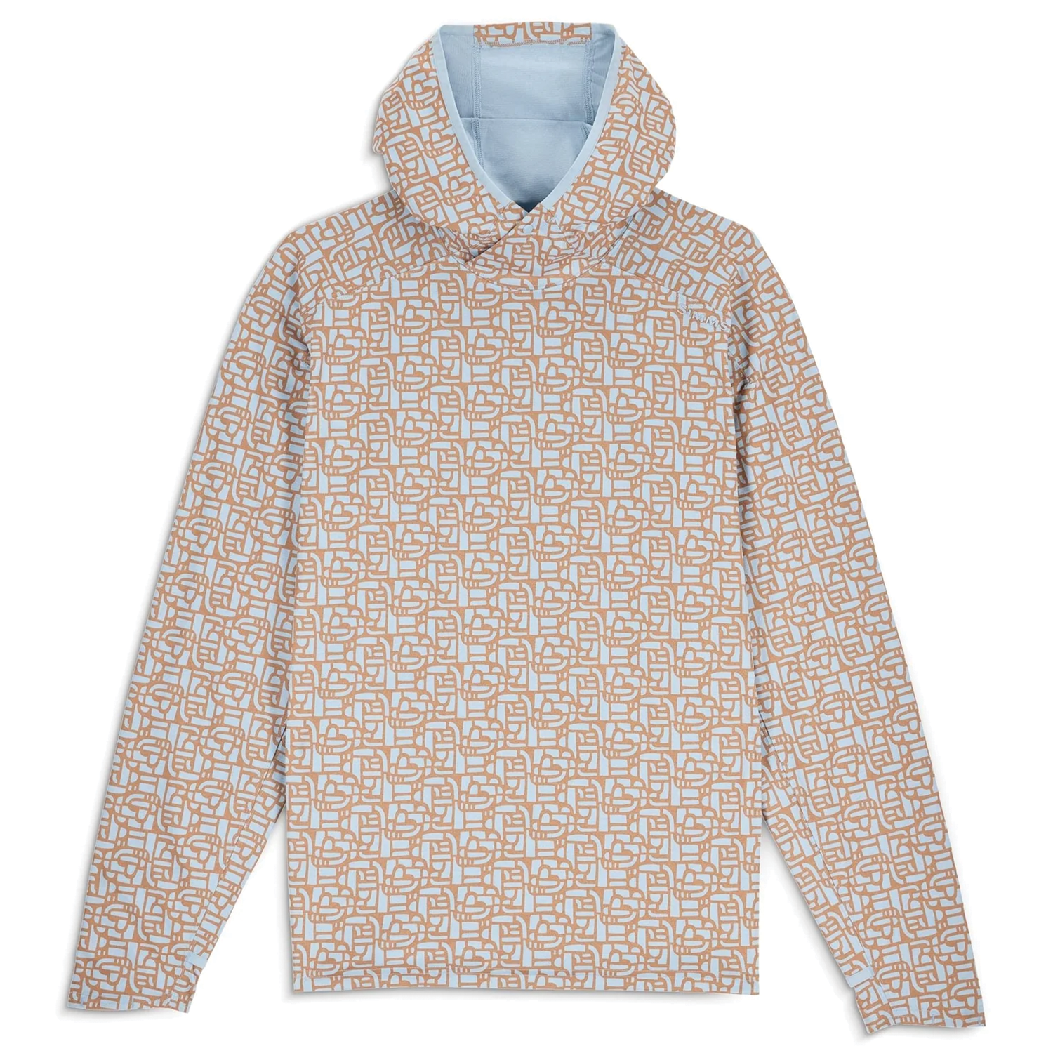 Simms SolarFlex Hoody - Men's (New 2026) featuring a patterned tan and light blue design with a light blue hood lining, made for outdoor fishing activities and protection against the elements.