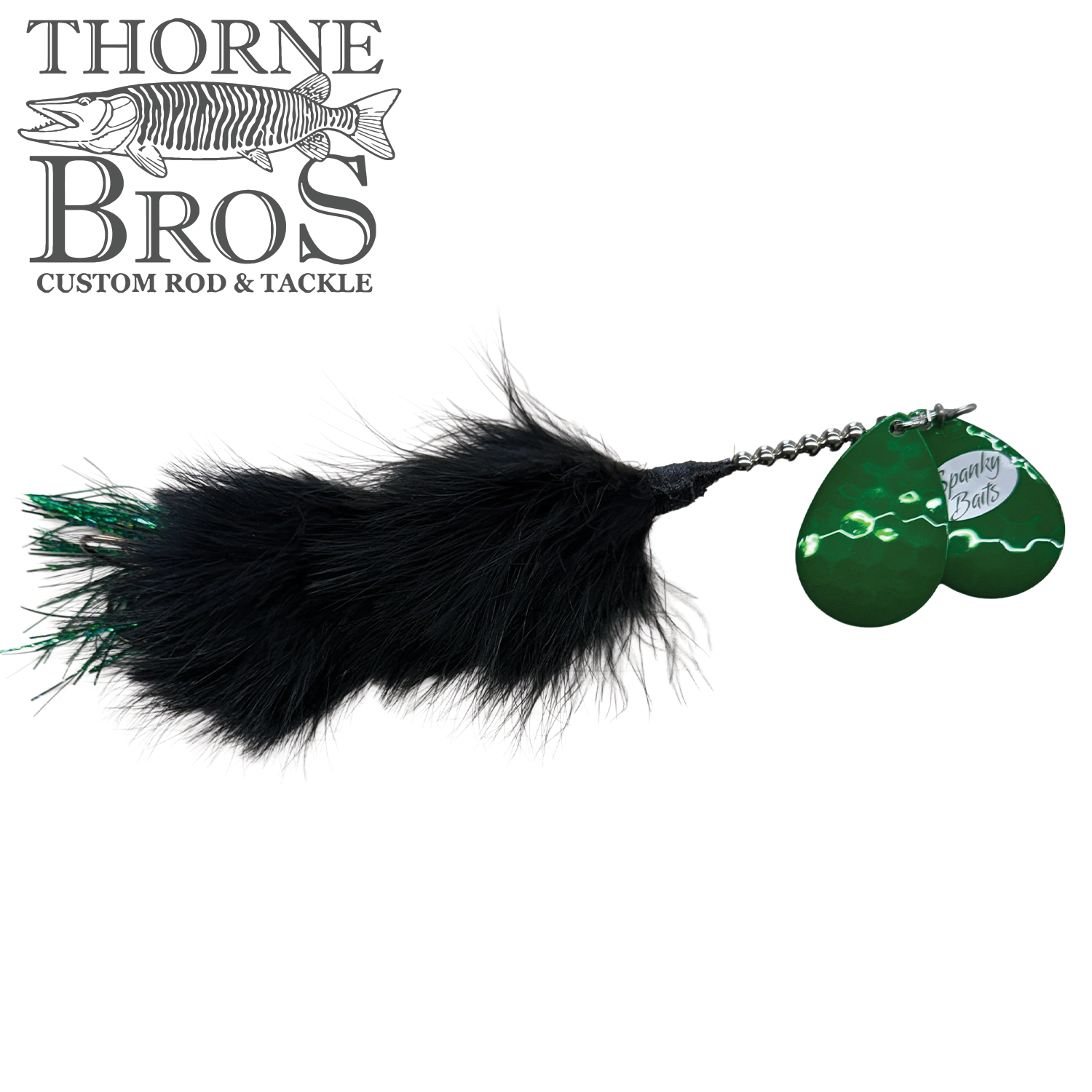 Spanky Baits Raven fishing lure featuring a black feathered body with green accents and two metallic green spinner blades designed for musky fishing.