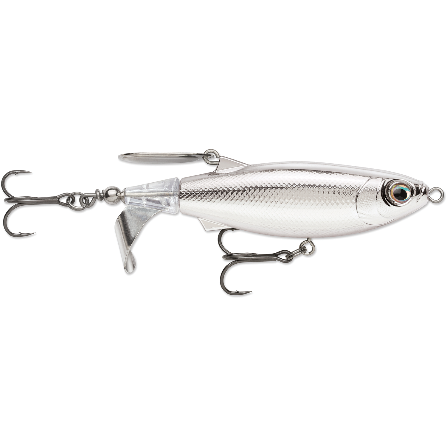 Rapala Claptail 110 fishing lure in silver with textured scale pattern, realistic eye detail, dual treble hooks, and a small spinning blade for added attraction.