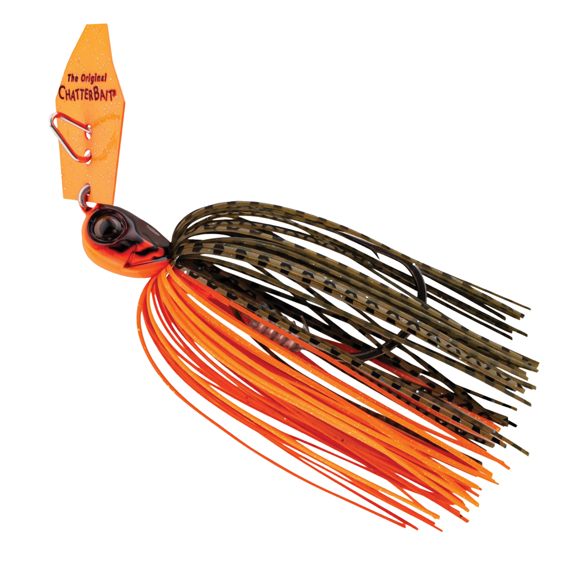 Z-Man Chatterbait Elite Evo HD fishing lure with orange and brown skirt, designed for attracting musky and other game fish, suitable for advanced fishing tackle.