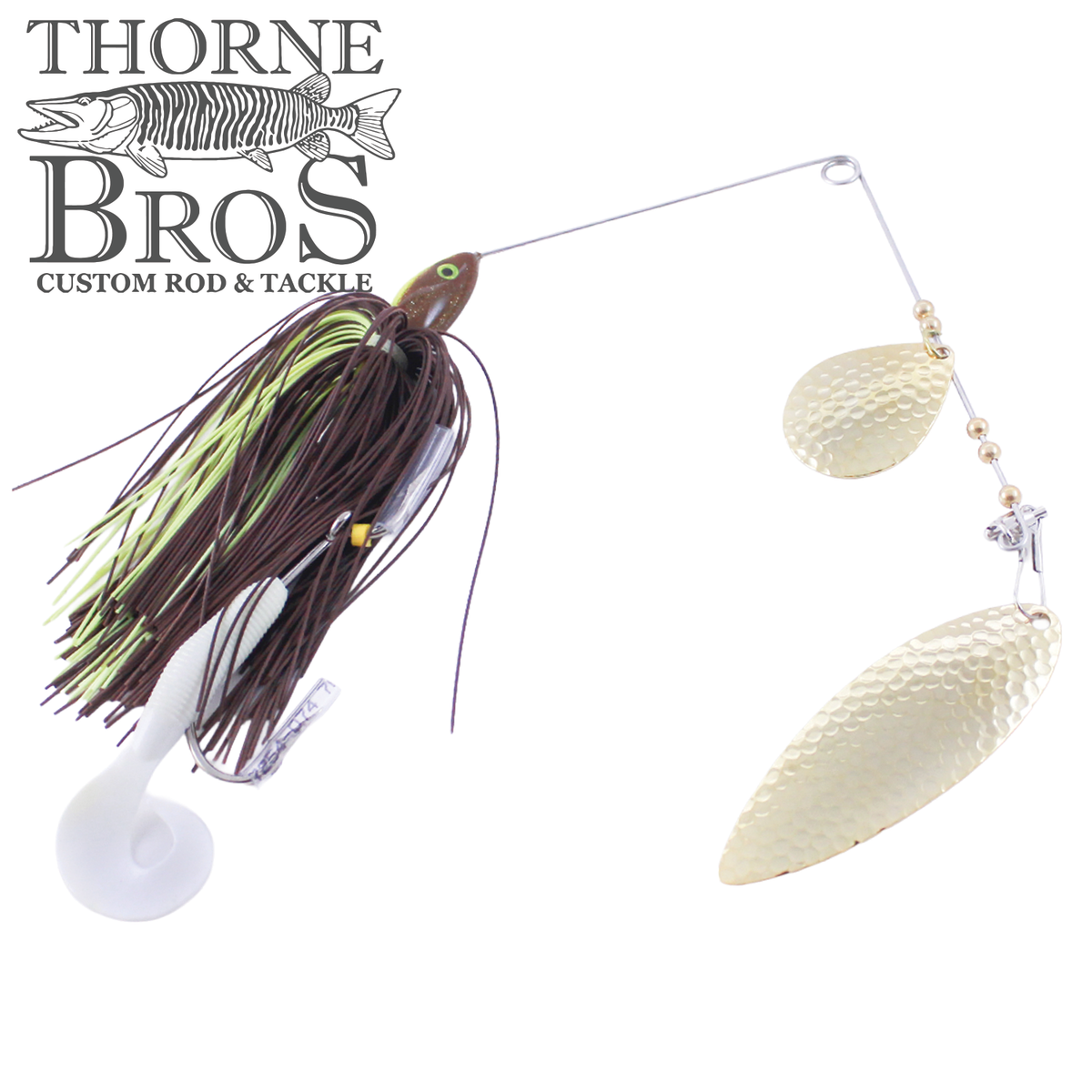 Ace Baits Small Spinnerbait with a multicolor skirt double hammered blades and a large hook shown as fishing tackle for musky anglers