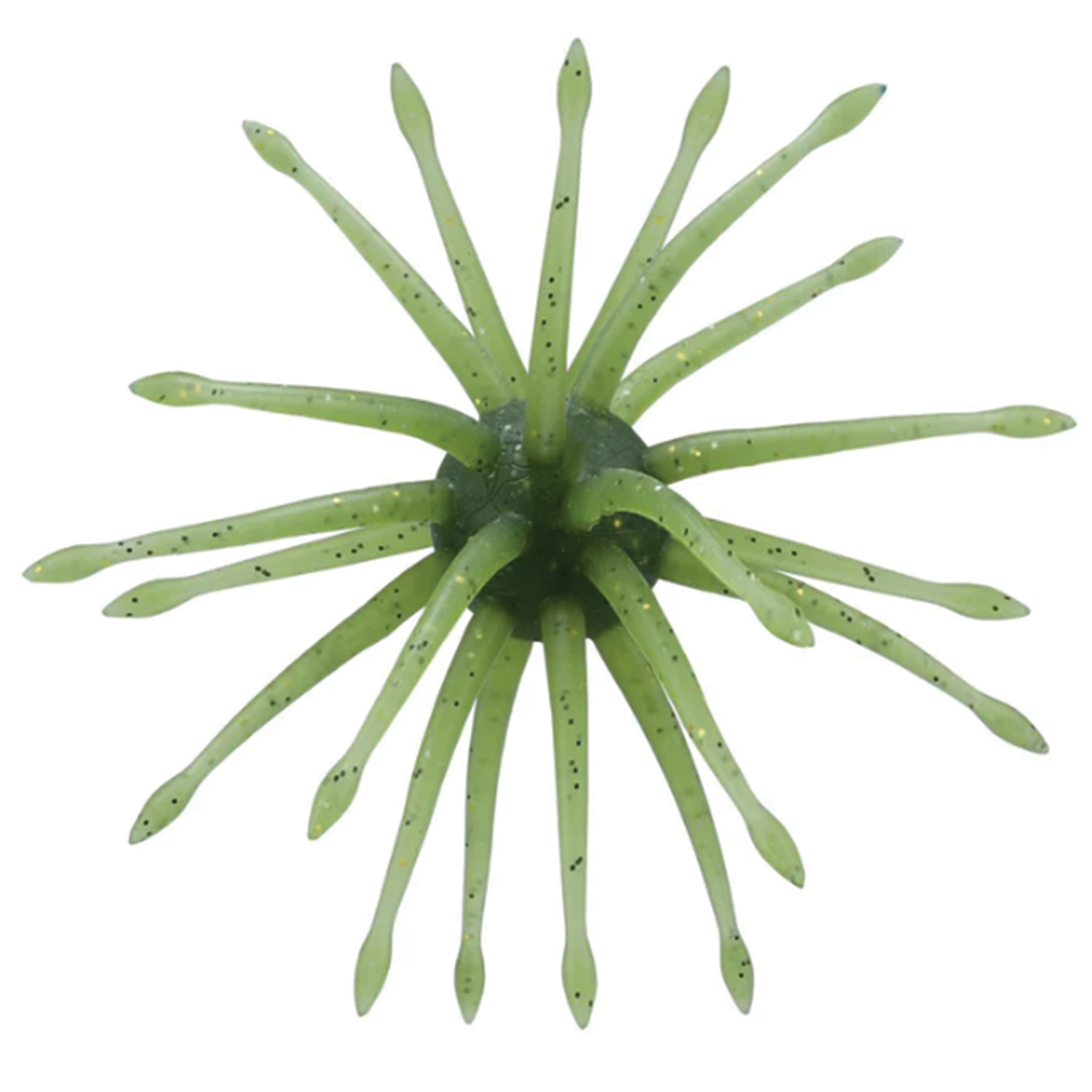 Top-down view of a green Yamamoto Uni Mas fishing lure with multiple flexible, tapered appendages featuring small black specks, designed for fishing tackle use.