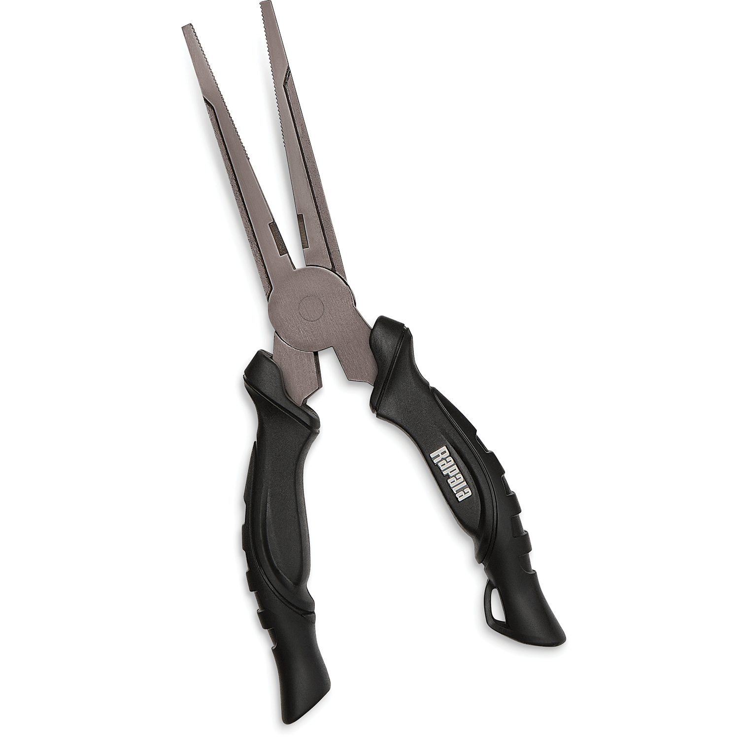 Rapala Super Stainless Steel Pliers with black ergonomic handles and long, narrow stainless steel jaws designed for fishing tackle and fishing rod maintenance.