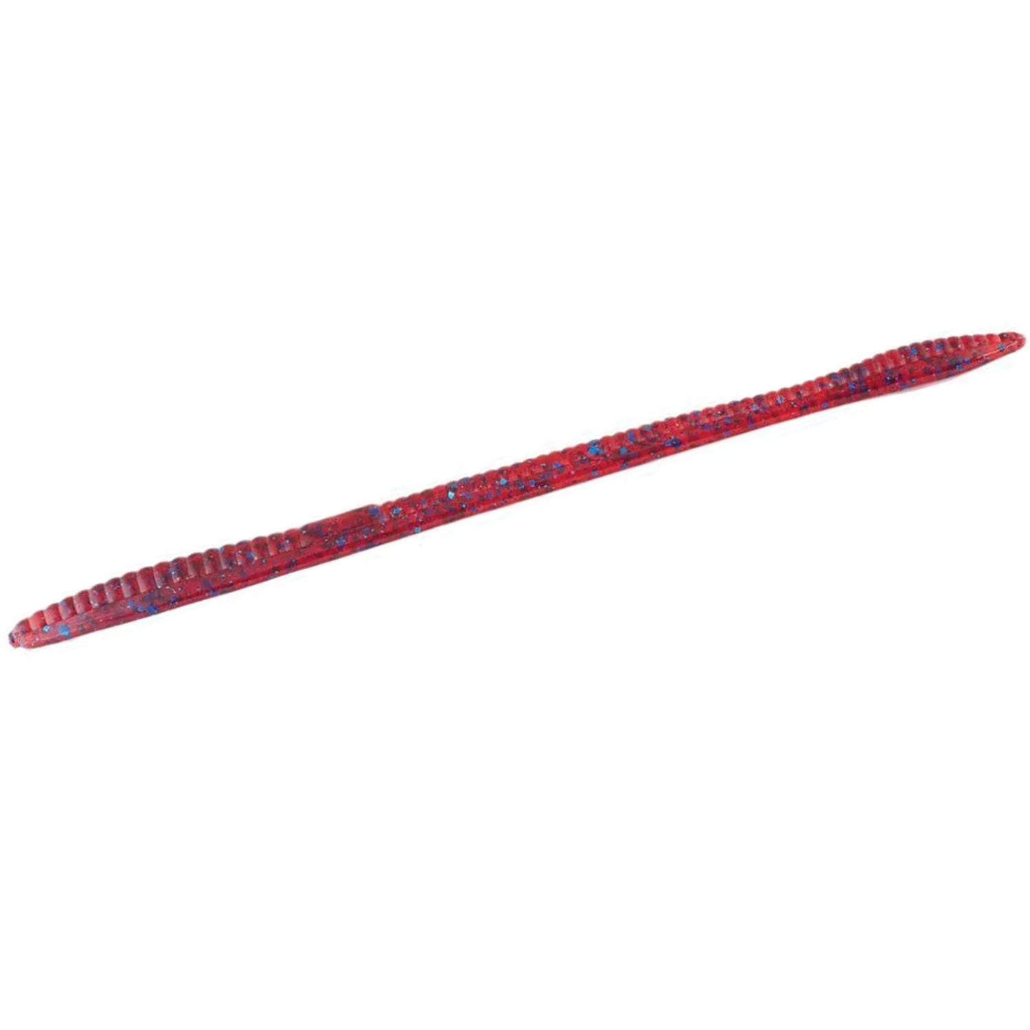 Zoom Bait Company Trick Worm fishing lure in red with blue flecks, designed for use as fishing tackle to attract fish in freshwater environments.