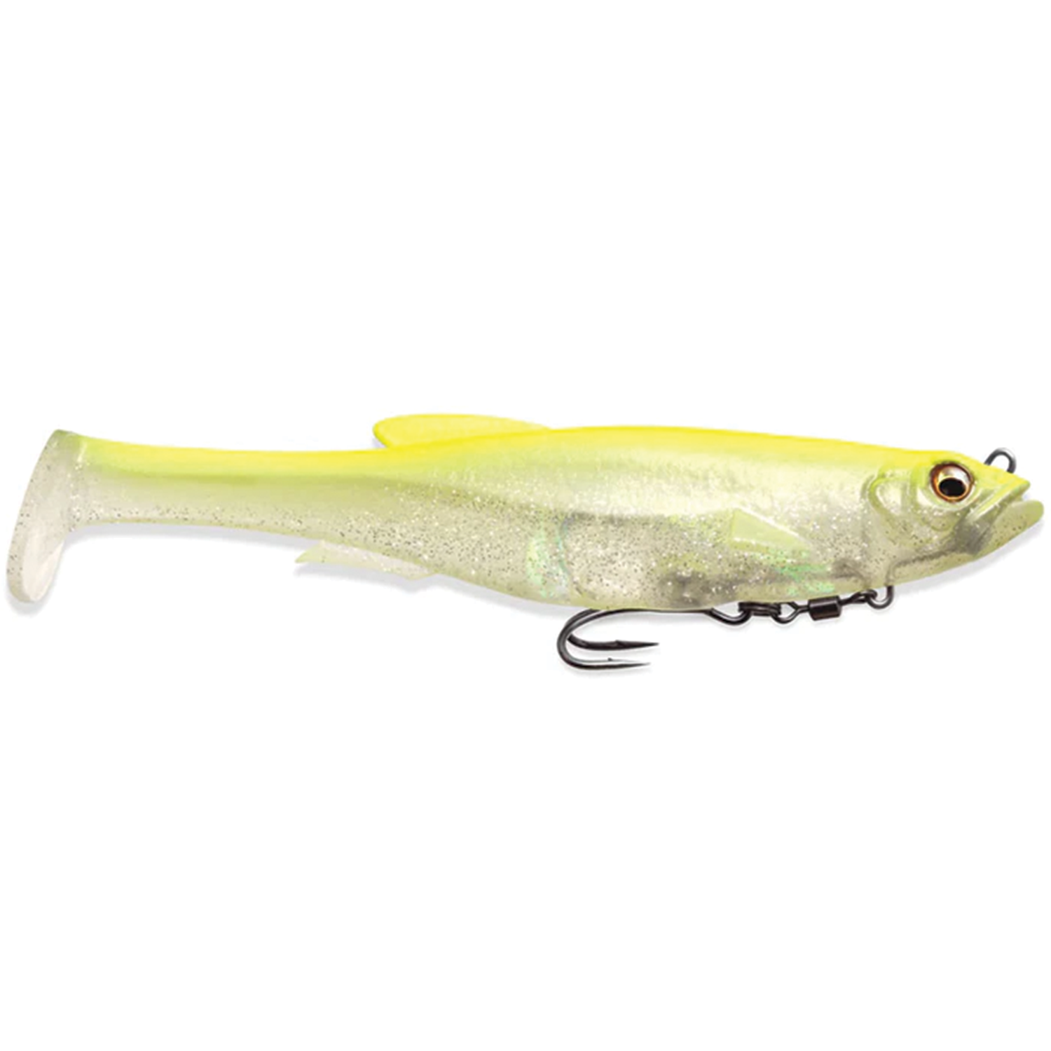 Megabass Magdraft soft fishing lure in translucent yellow and pearl with lifelike eyes and a built-in treble hook for effective freshwater fishing.