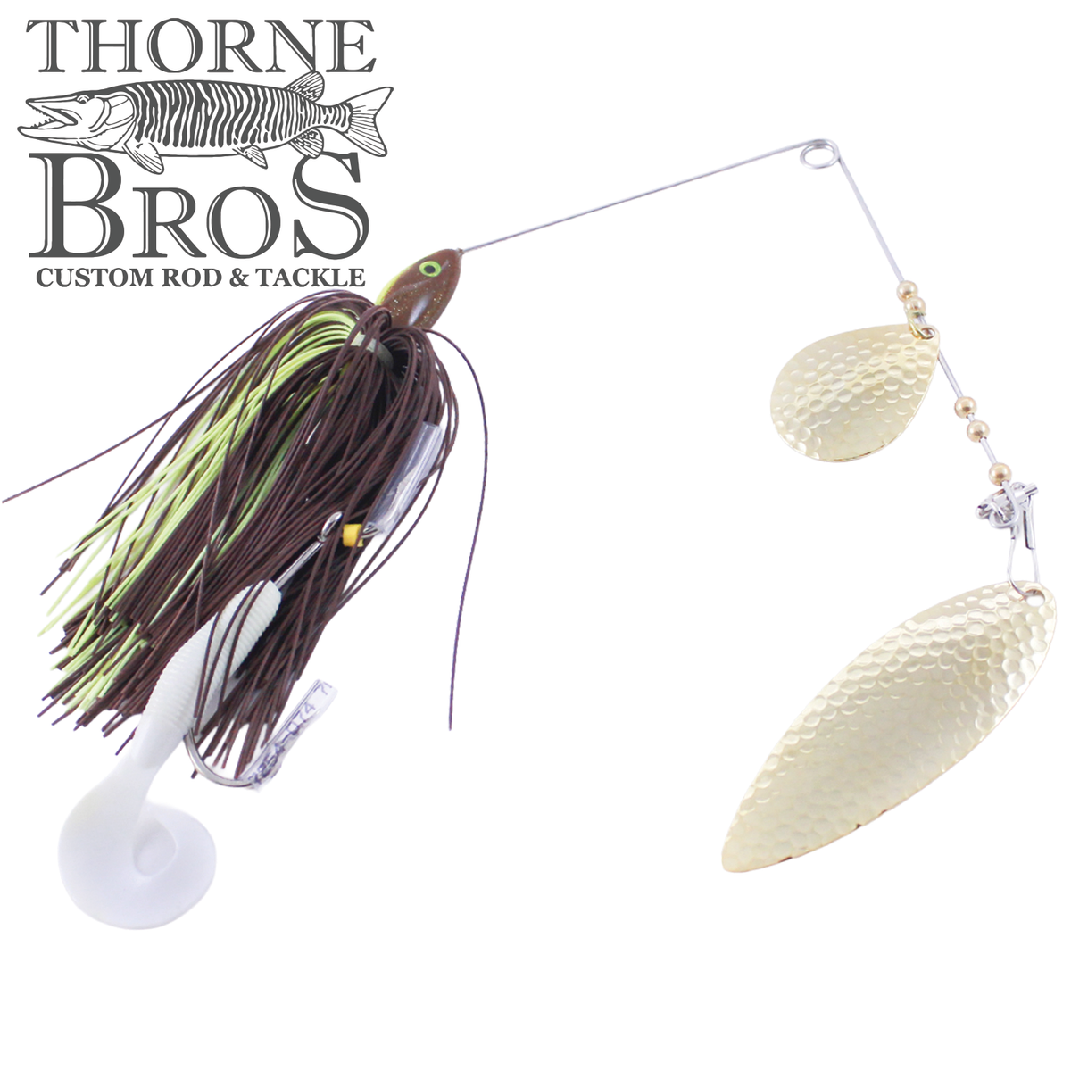 Ace Baits Big Ace Spinnerbait featuring a dark brown and chartreuse skirt white soft plastic trailer and two hammered silver blades for musky fishing tackle