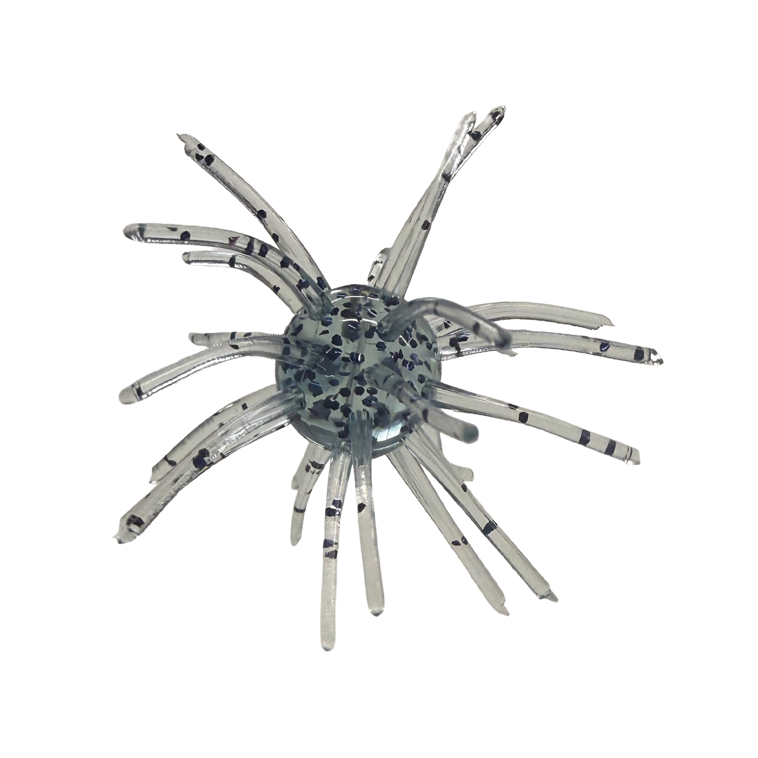 Randamu Lures Fuzzy Ball Mini fishing lure with translucent body and multiple flexible appendages speckled with black dots designed to attract fish.