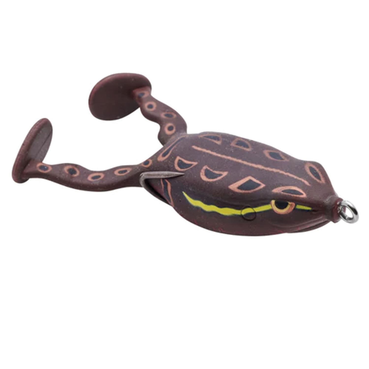 Spro Flappin Frog-65 fishing lure designed to mimic a frog with a brown body, patterned markings, and flexible legs for realistic movement in water.