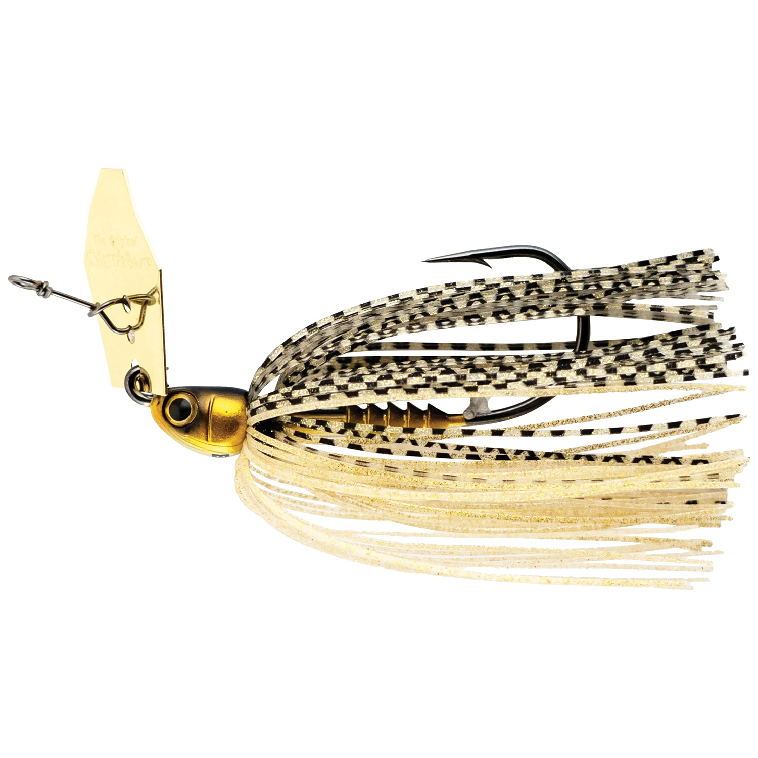 Z-Man Chatterbait PZ2 fishing lure with gold and black skirt, featuring a detailed head, a sharp hook, and a metallic blade for attracting fish in freshwater fishing tackle.