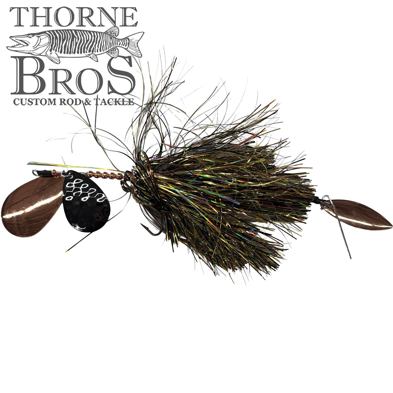 Hunsy Tails 8/9 Banger fishing lure featuring a dense, multi-colored shimmer skirt with copper blade attachments, designed for musky fishing and custom tackle use.