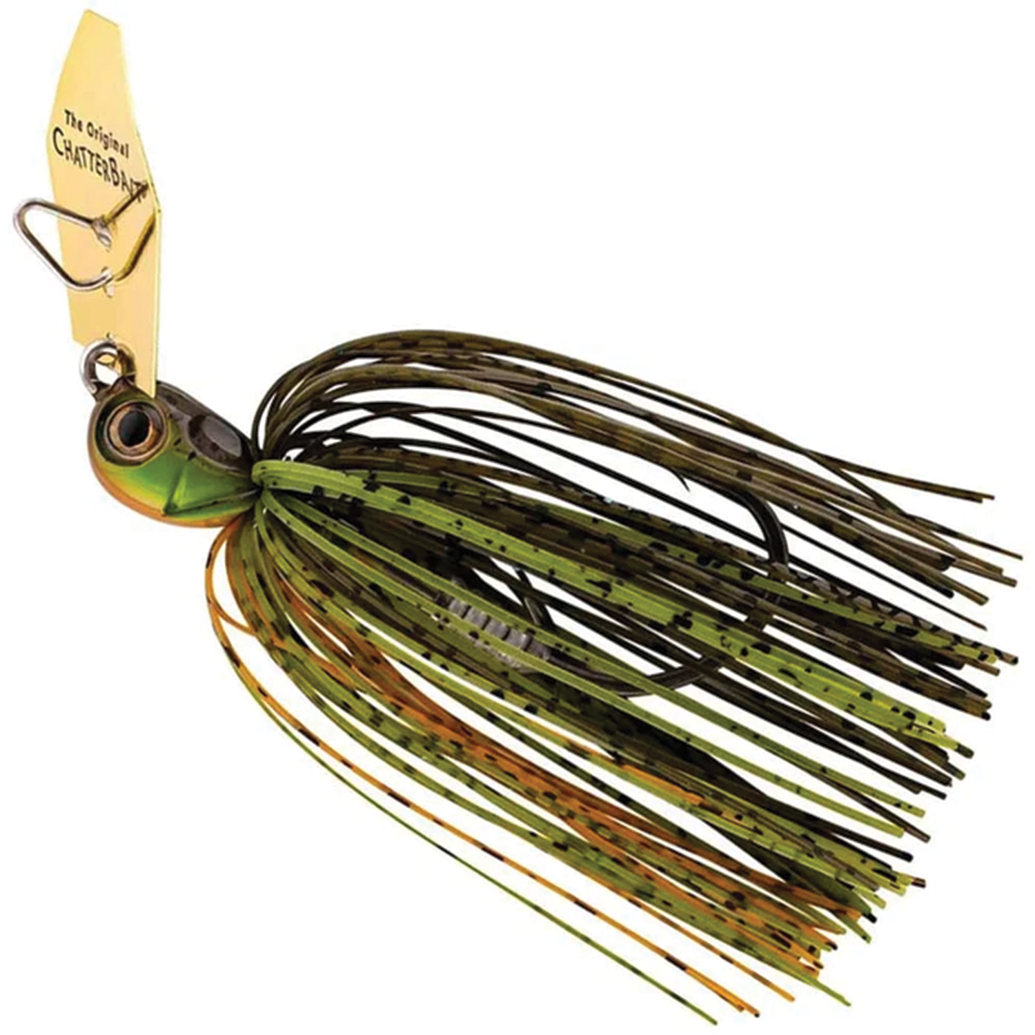 Z-Man Chatterbait Elite Evo fishing lure with green and black skirt, weighted head, and metal blade designed for effective fishing tackle use.