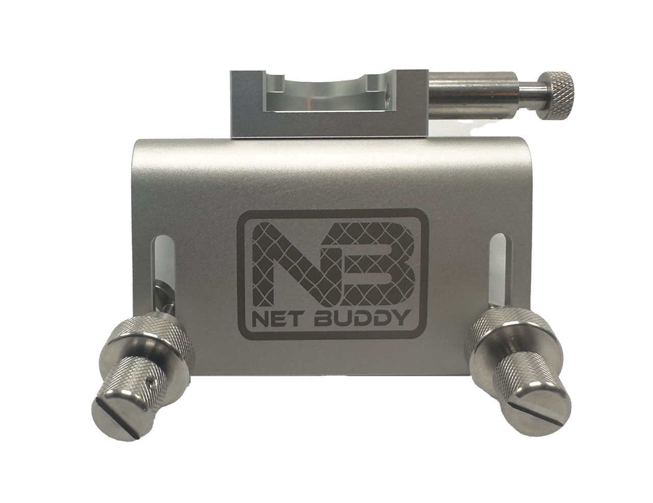 Net Buddy Mounts w/ Clamp, metallic silver fishing accessory with dual thumb screws and clamp mechanism, designed to securely hold fishing nets or gear on boats or rods.
