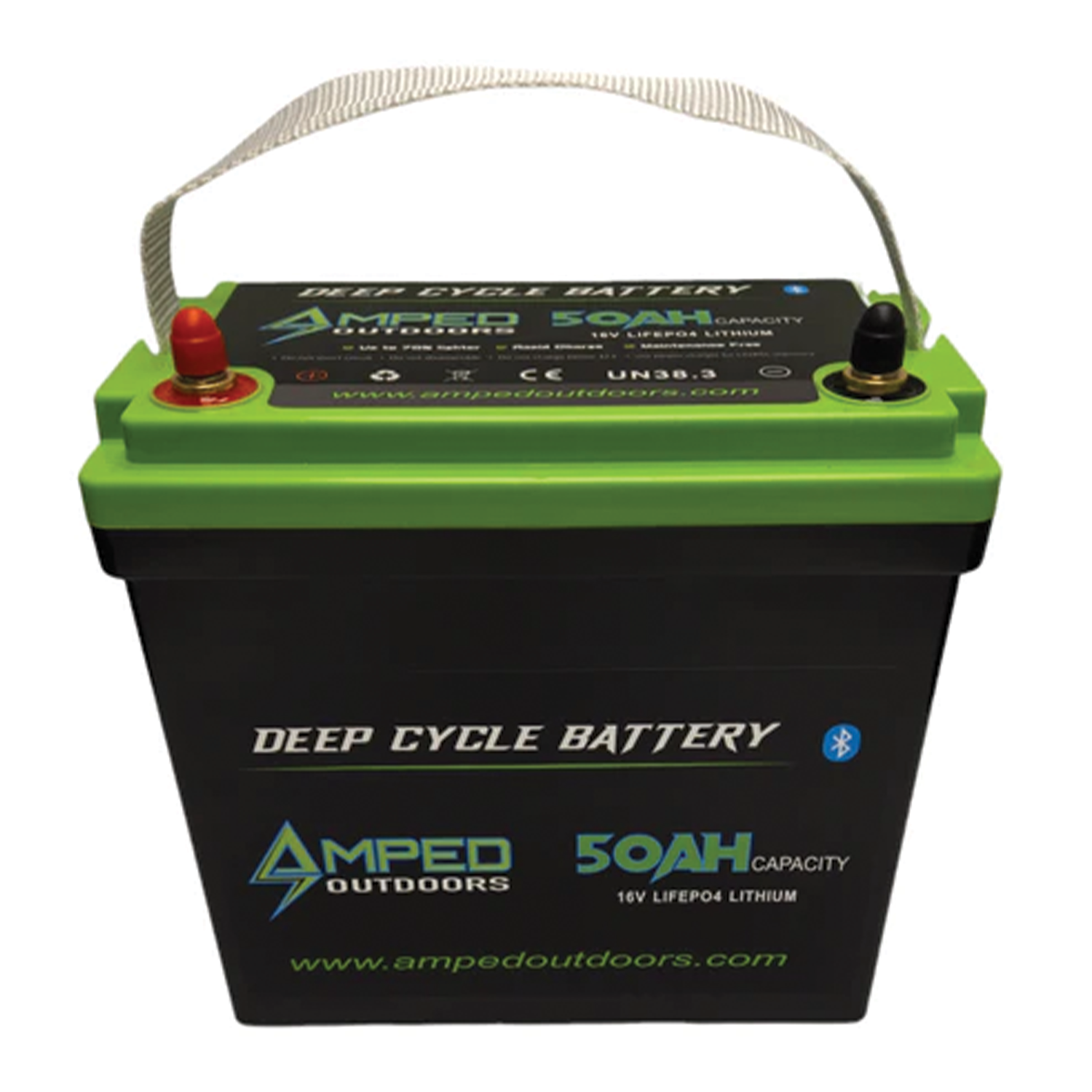Amped Outdoors (LiFePO4) 50Ah 16v Lithium Battery - w/ Charger, deep cycle battery with green top, black body, and carrying strap, designed for outdoor fishing equipment and marine electronics.