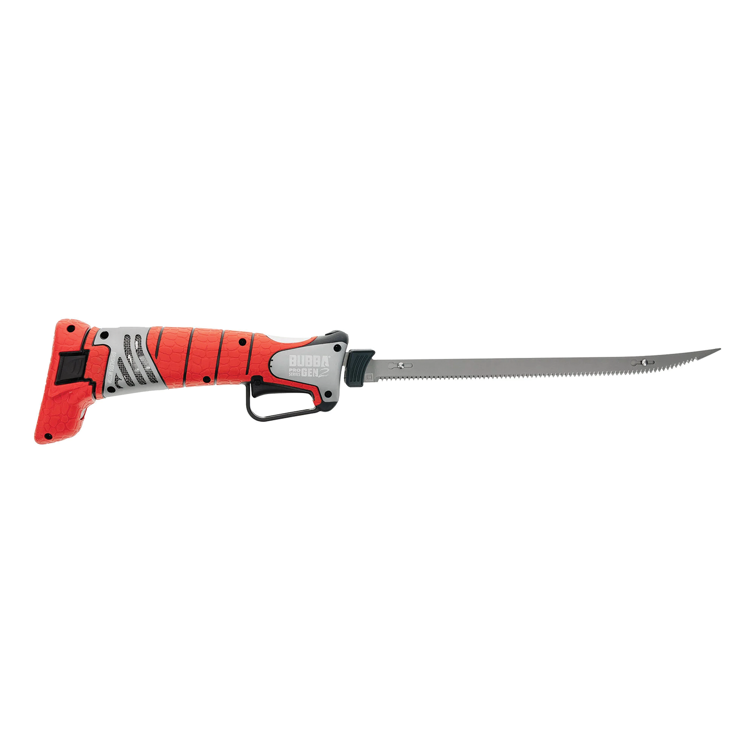 Bubba Pro Series Gen 2 Cordless Fillet Knife with an ergonomic red and gray handle and a long serrated stainless steel blade designed for precise filleting and fishing tackle use.