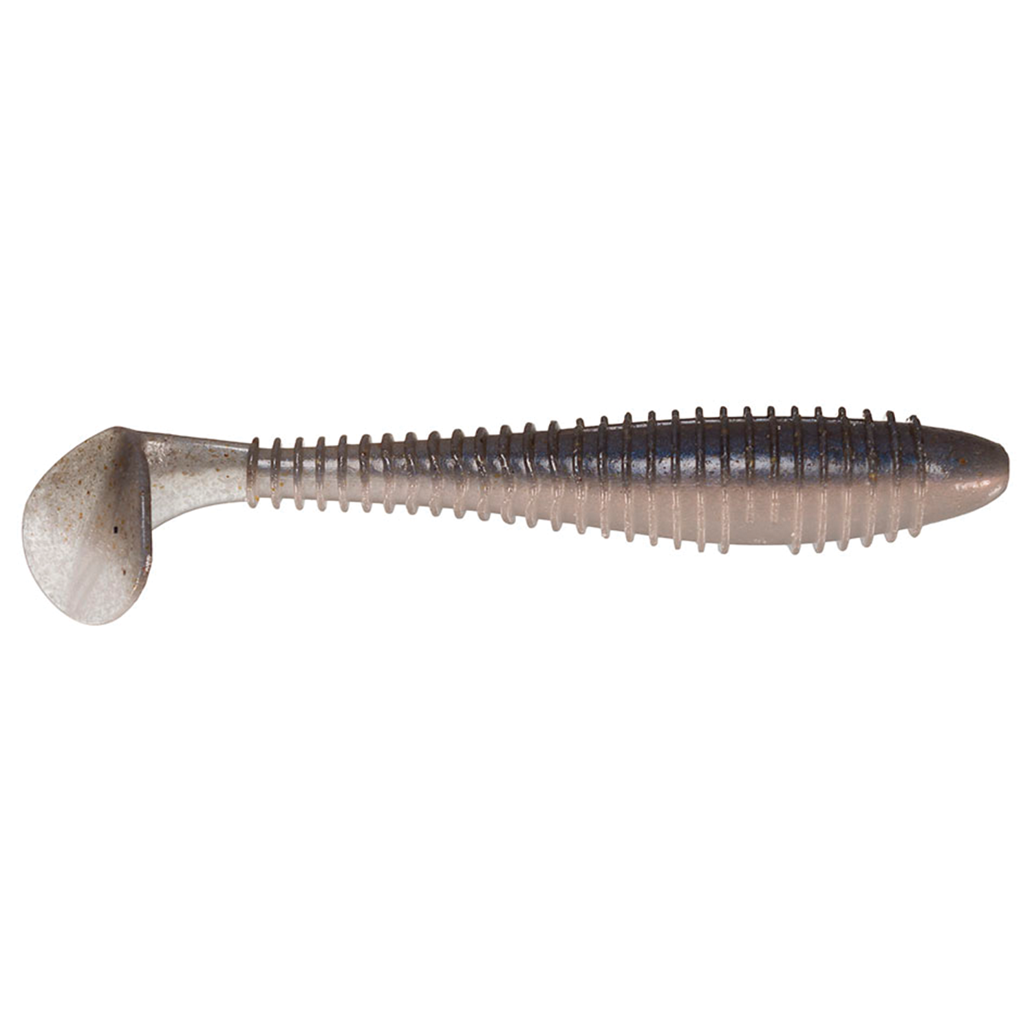 Keitech Fat Swing Impact 3.3" soft plastic fishing lure in natural shades with ribbed body and paddle tail designed for lifelike movement in water.