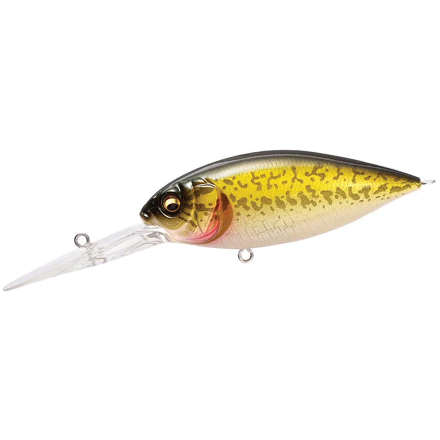 Megabass Deep-X 300 fishing lure with a yellow and gold mottled pattern, lifelike eyes, and a clear, elongated diving lip for deep water fishing.