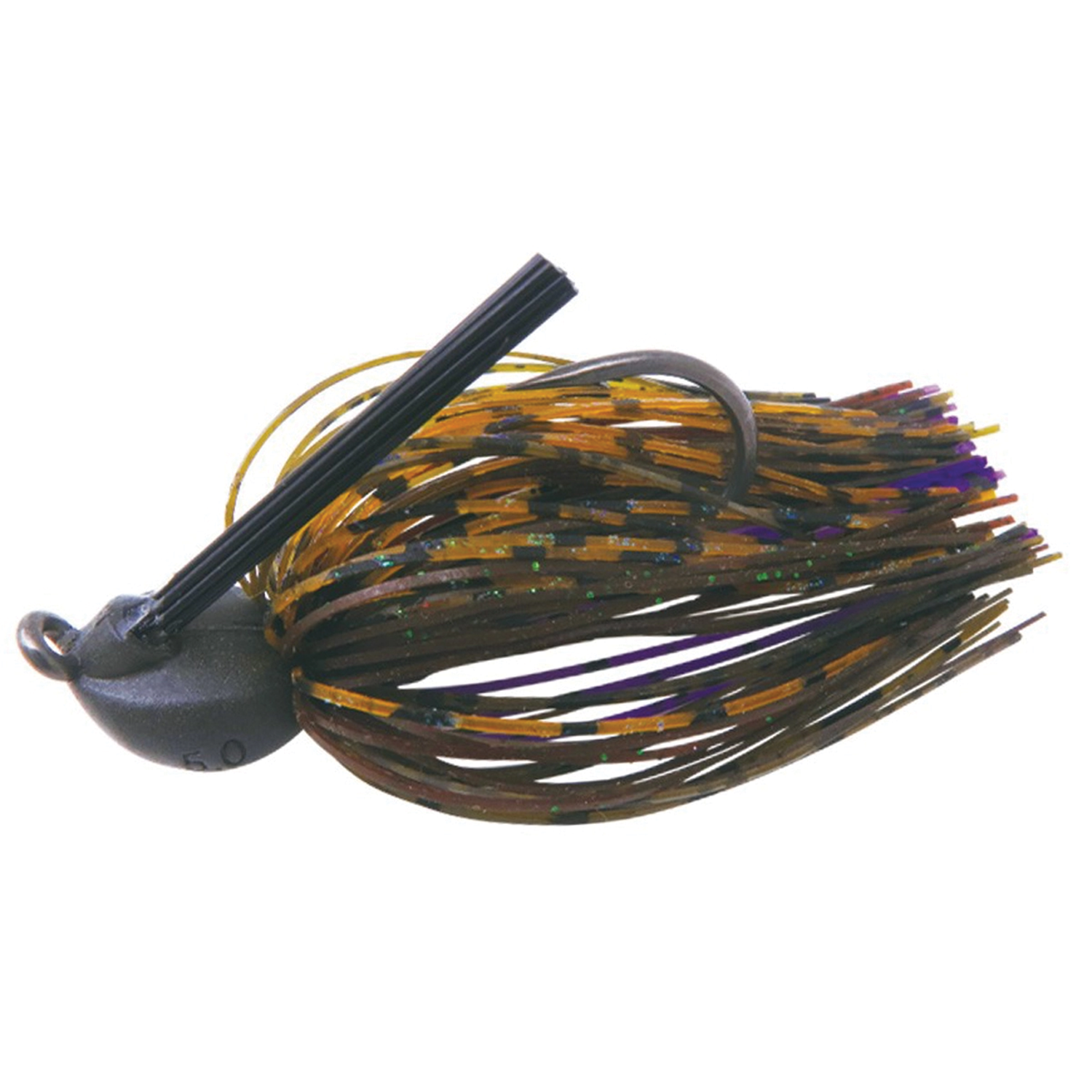 BottomUp Gap Jig featuring a weighted hook with a weed guard and multi-colored skirt in shades of brown, orange, and purple designed for fishing tackle use.