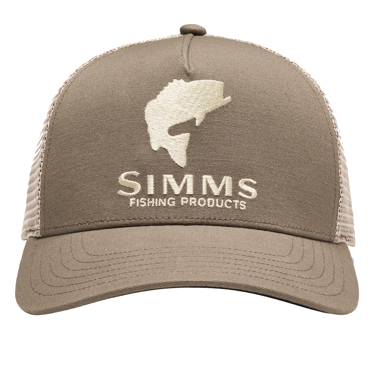 Simms Double Haul Trucker brown mesh back fishing cap with curved brim embroidered fish logo and Simms Fishing Products branding