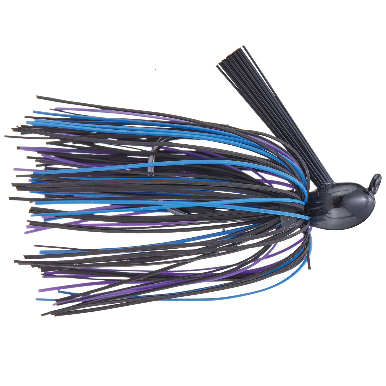 Dirty Jigs Matt Herren Flippin' Jig with black, blue, and purple rubber skirt strands and a weighted black jig head designed for musky fishing tackle.