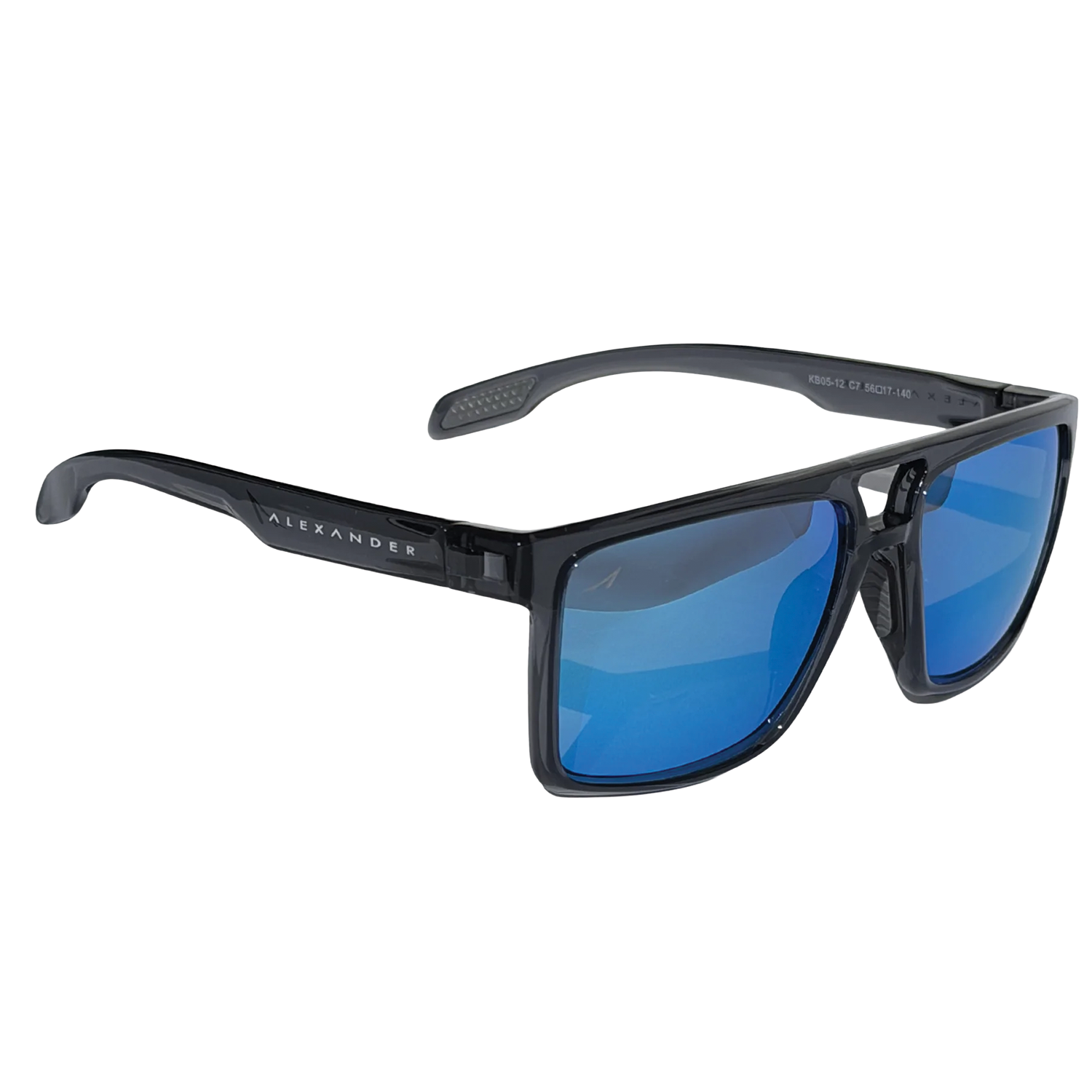 Alexander Sunglasses with a sleek black frame and reflective blue lenses, designed for outdoor use and enhanced visual clarity during fishing and water activities.