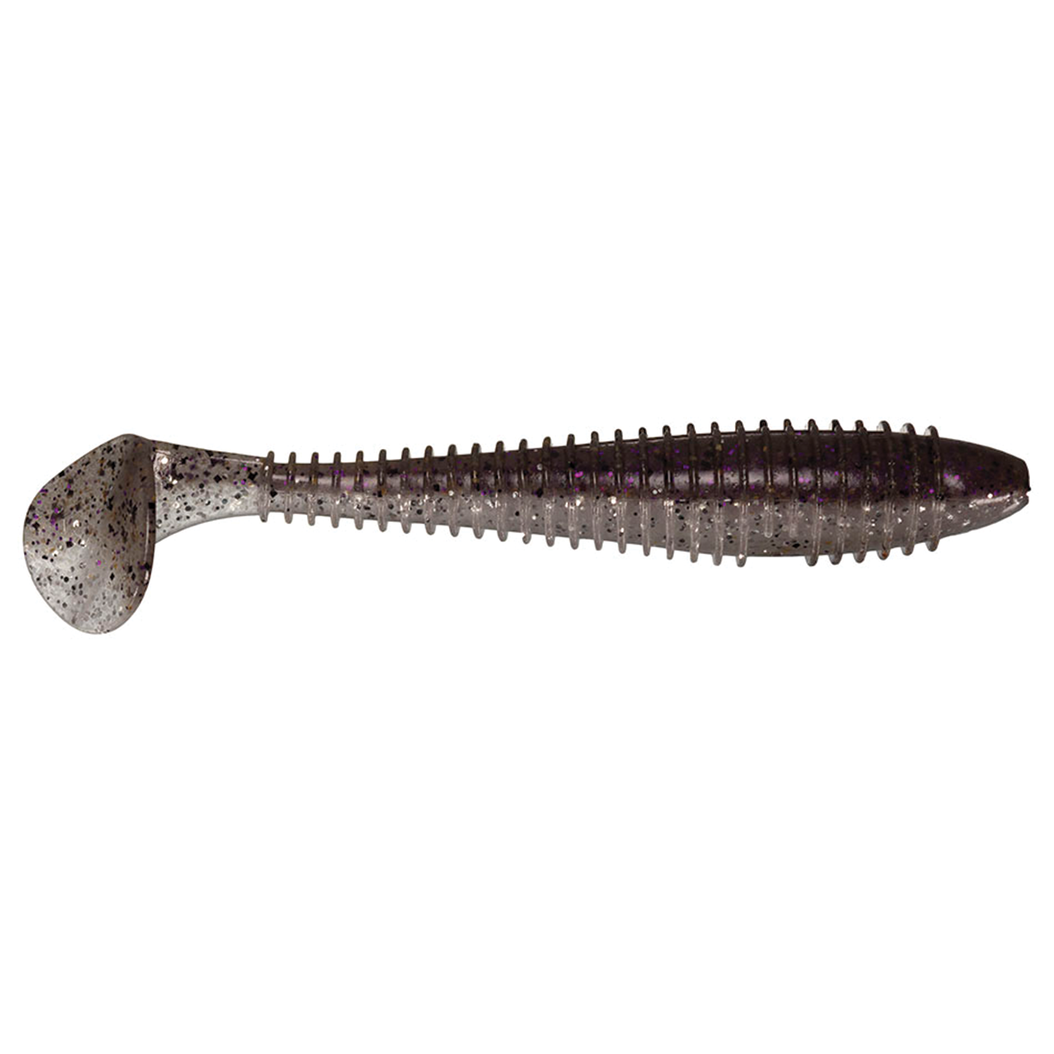 Keitech Fat Swing Impact 3.3" soft plastic fishing lure in translucent gray with purple and black speckles, designed for lifelike swimming action in fishing tackle.
