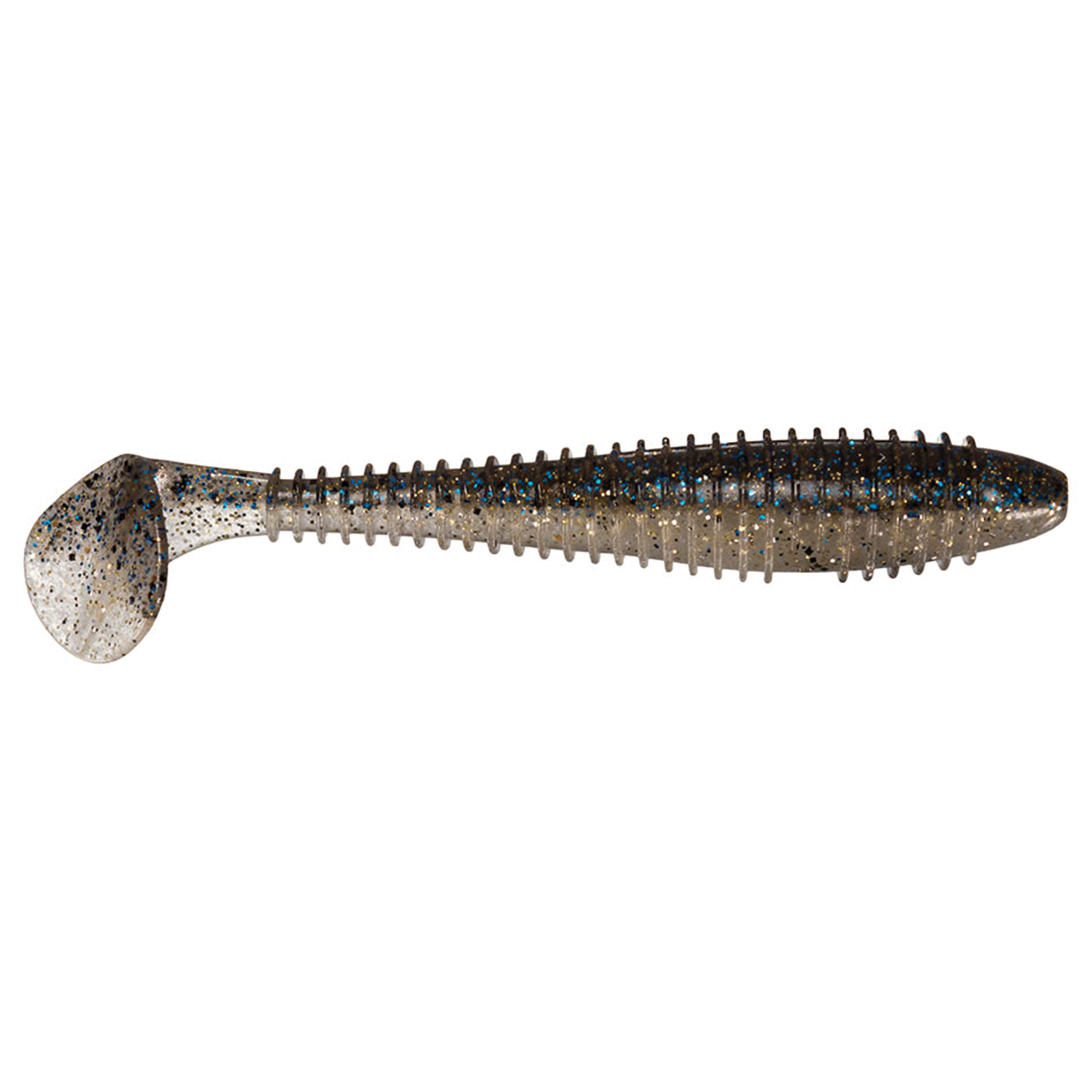Keitech Fat Swing Impact 3.3" soft plastic fishing lure in a translucent gray color with blue and black specks, designed for effective movement in water for fishing tackle.